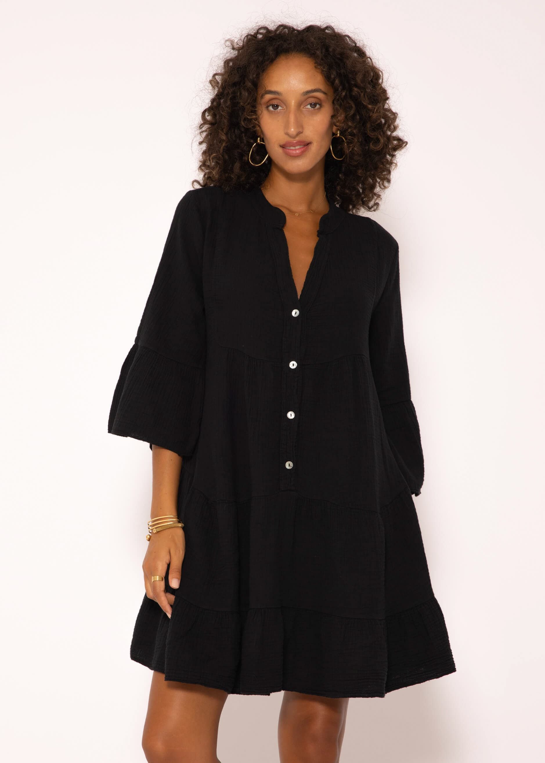 SASSYCLASSY Minikleid Musselin Sommer Kleid 3/4 Ärmel und Volants, 100 % Baumwolle, Made in Italy