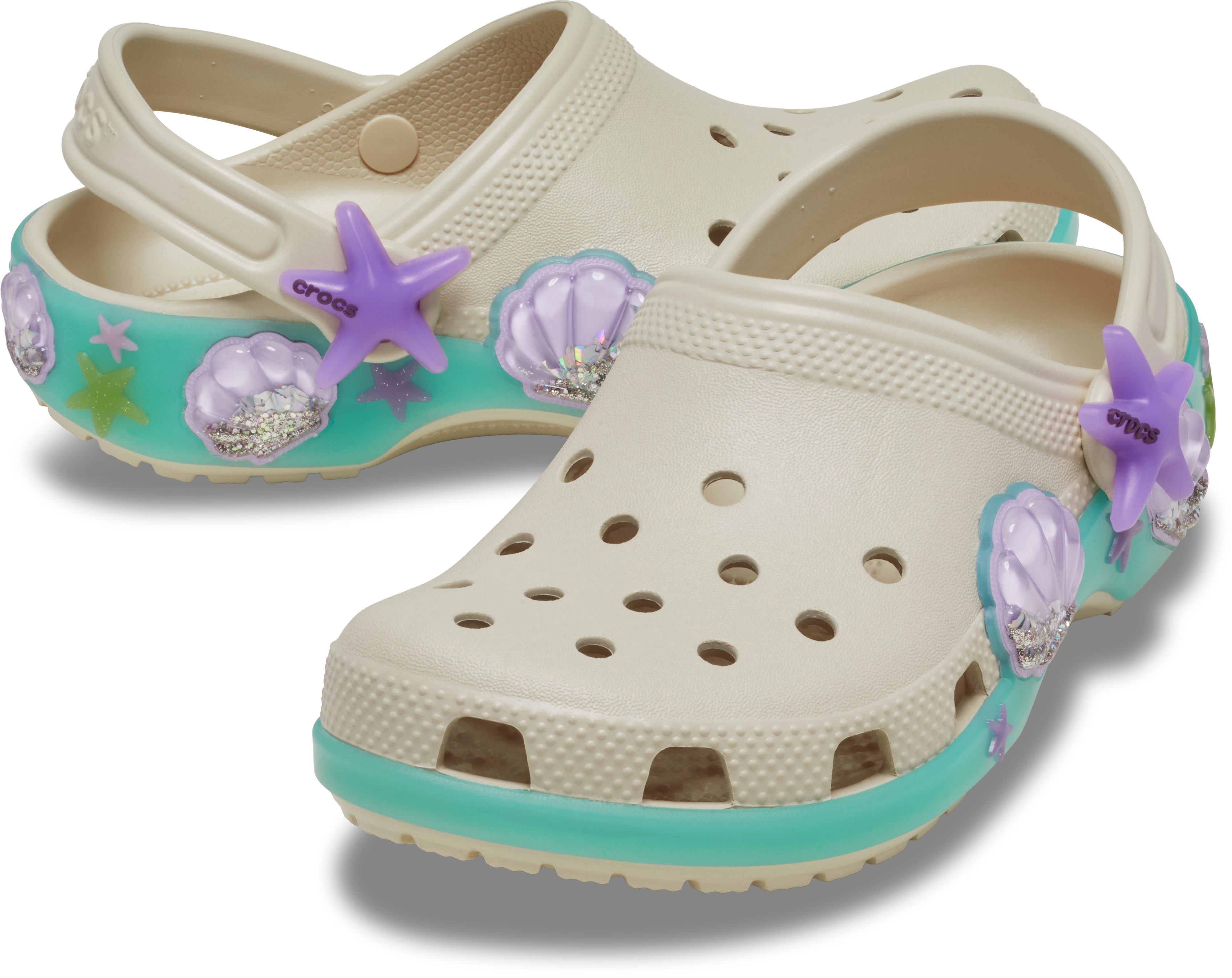 Crocs Classic Sea Sparkle Shaker Clog Sommerschuh, Strandschuh mit Glitter-Muscheln