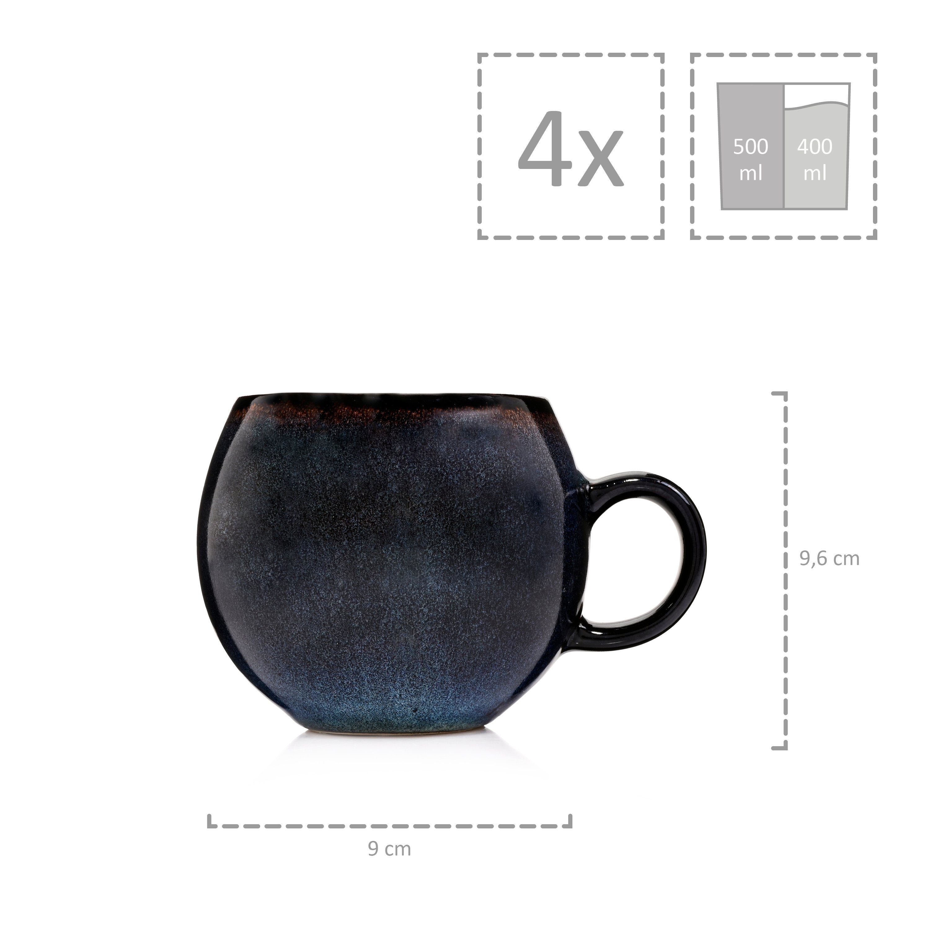 SÄNGER Cappuccinotasse Tokio Cappuccinobecher, 4-tlg., Steingut, Blau Schwarz, Handmade, Premium Collection