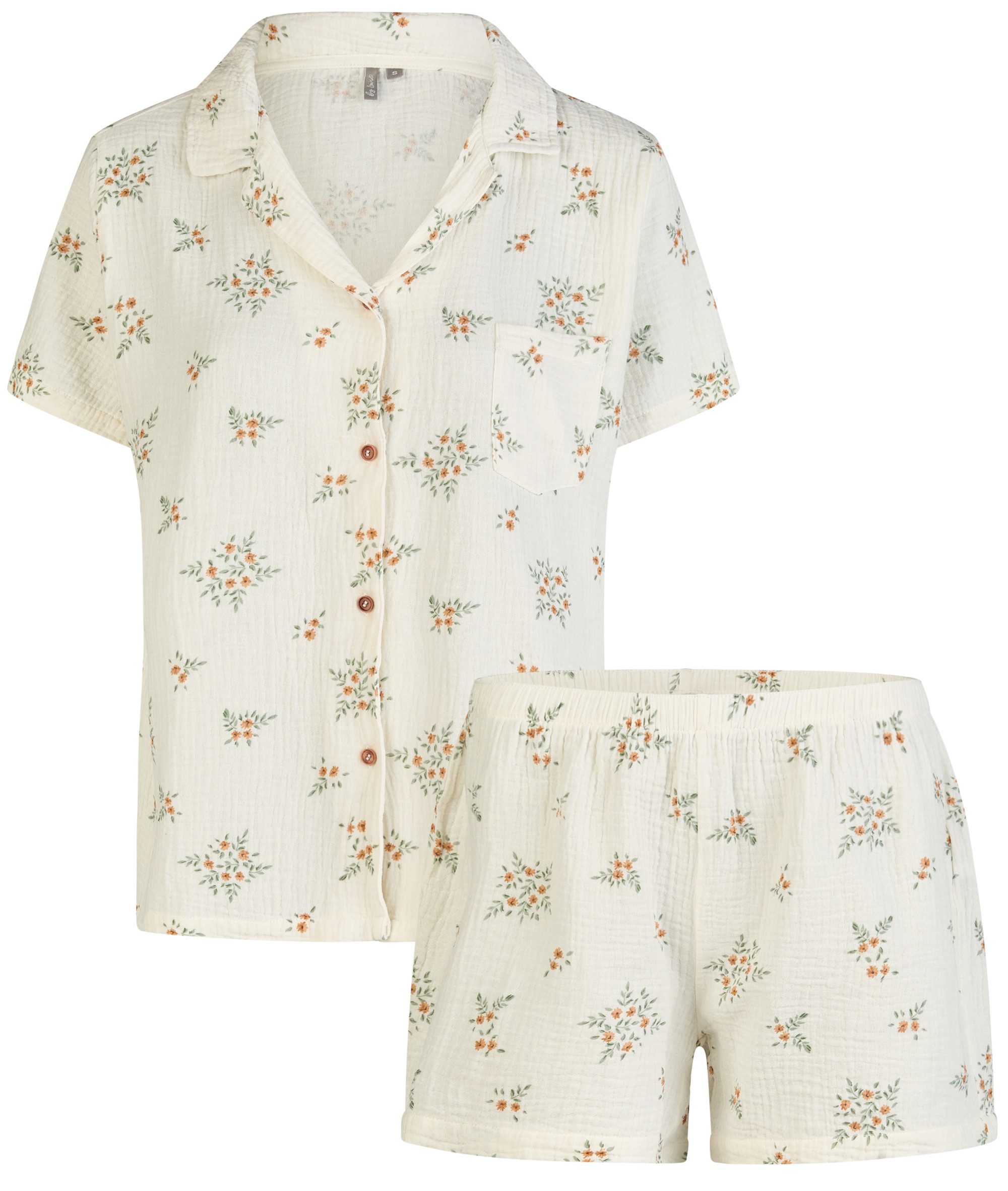 By Louise Shorty Sleep Chic (Set, 2 tlg., 2-teilig) Damen Pyjama Shorty Musselin Baumwolle geknöpft