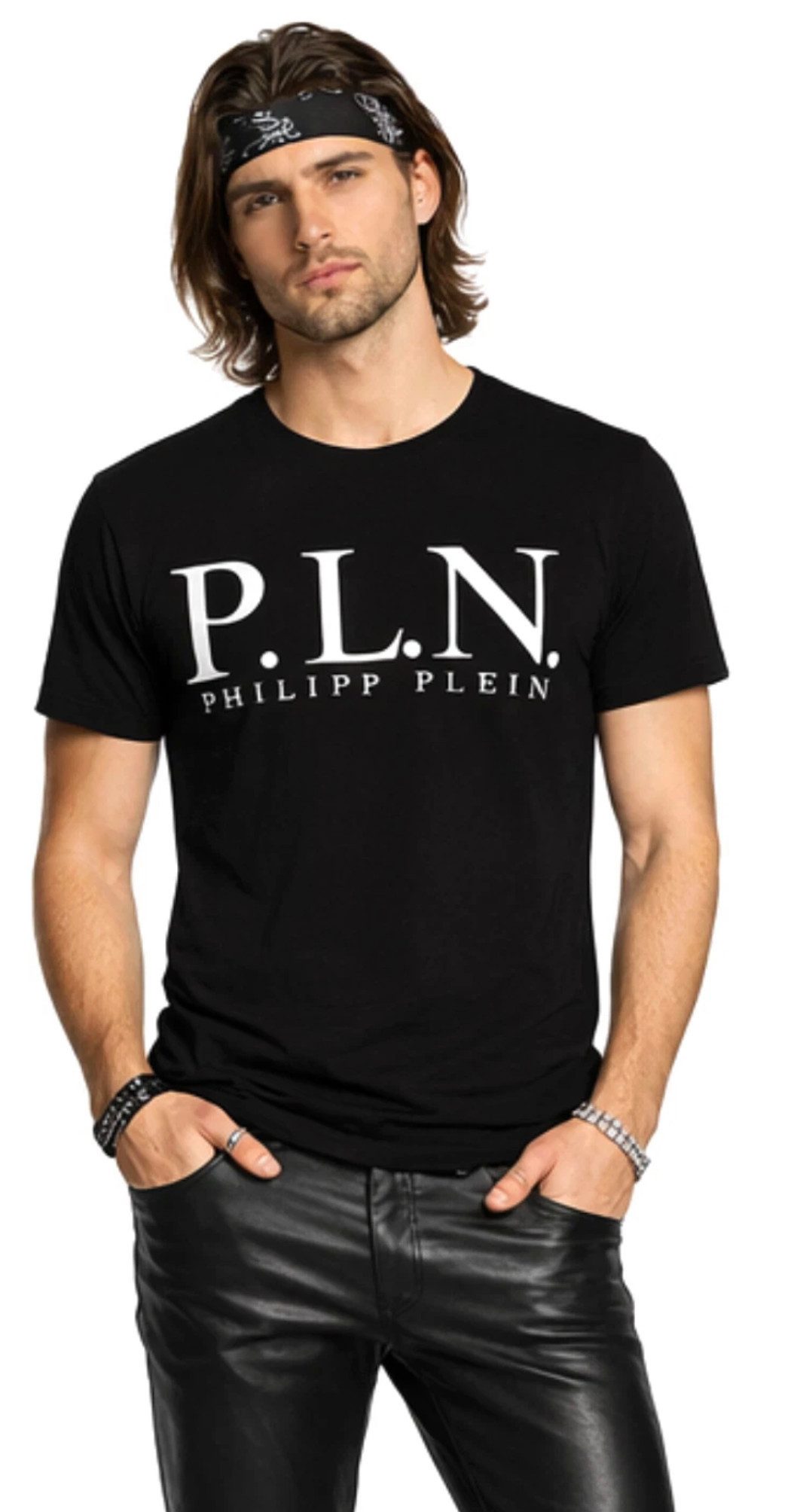 PHILIPP PLEIN T-Shirt Platinium Cut P.L.N. Rundhals Shirt Rohe Schnittkanten, Zwei-Nadel-Steppung, Gerippter Rundhals
