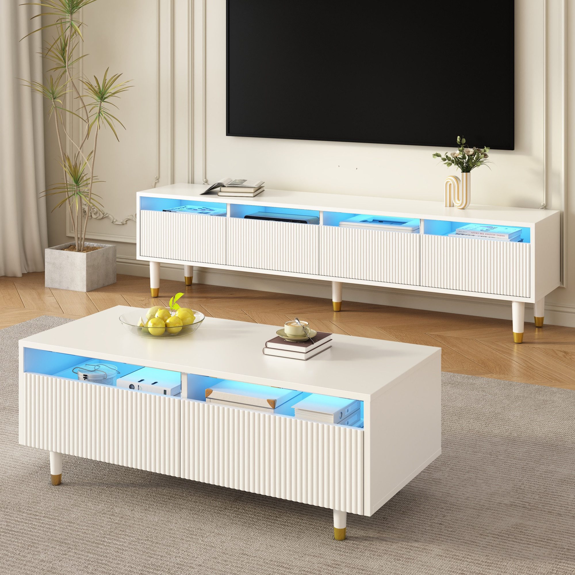 OKWISH Wohnzimmer-Set LED-Möbelset, (TV-Schrank+Wohnzimmertisch, 2-St., Cou günstig online kaufen