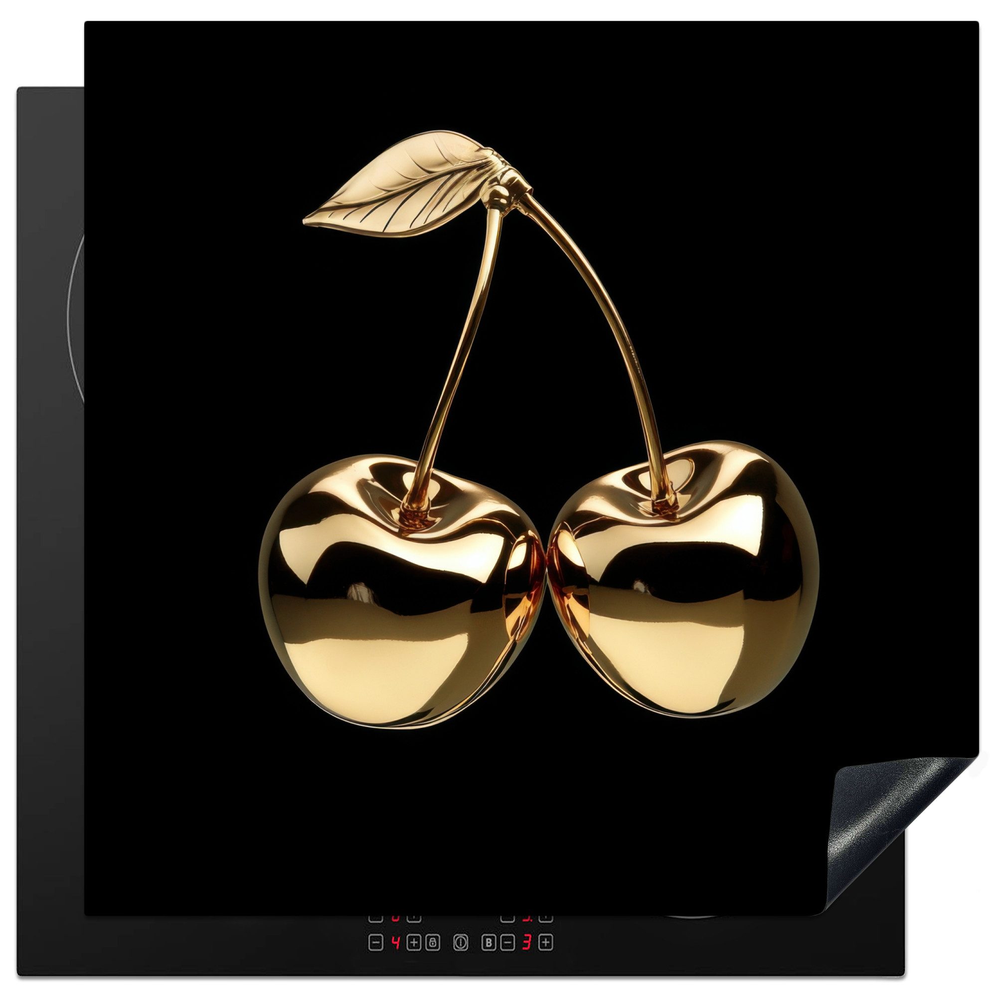 MuchoWow Herd-Abdeckplatte Kirsche - Schwarz - Gold - Chrom, Vinyl, (1 tlg), Küche Herdabdeckung Ceranfeld Induktionsfeld Vinyl, 60x60 cm