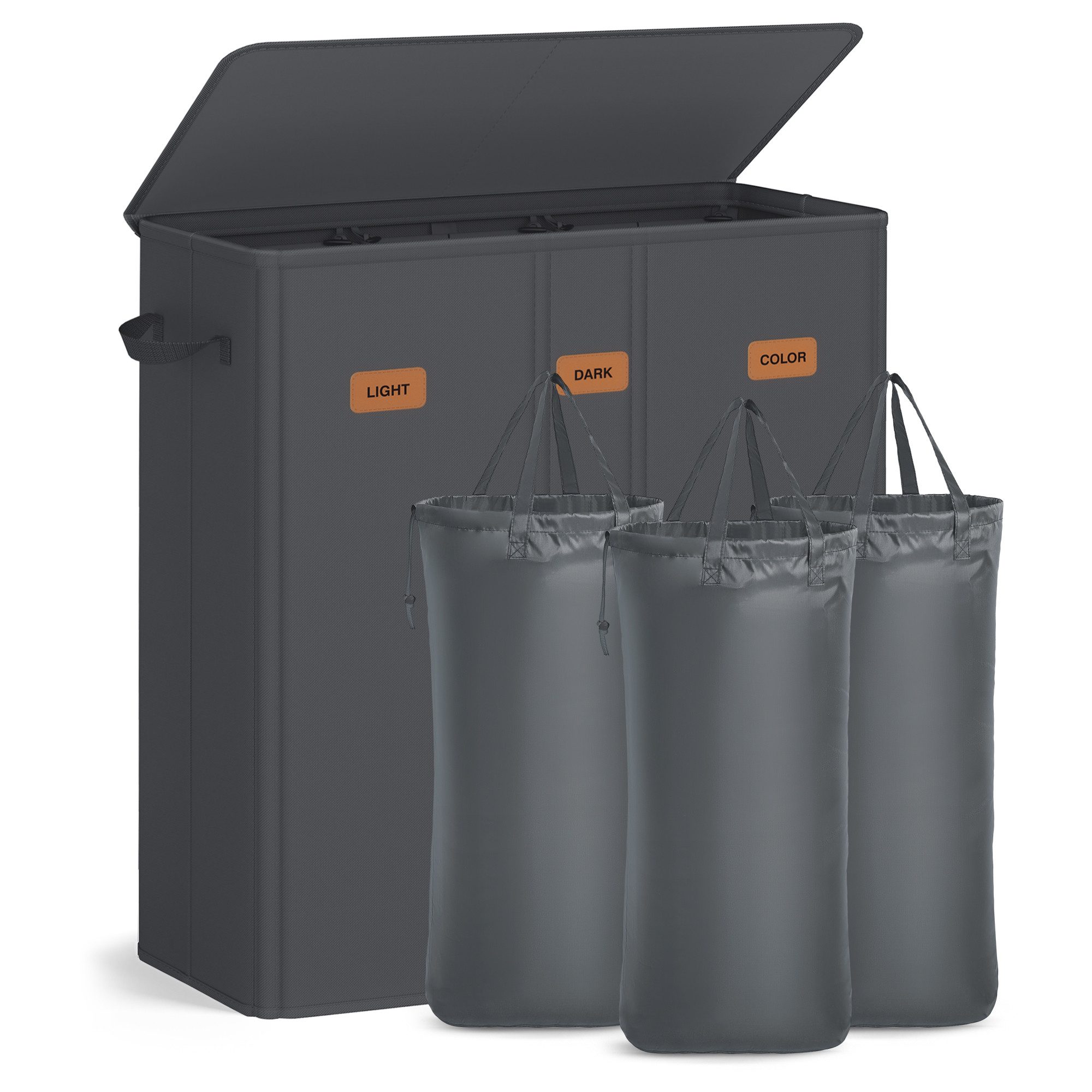 SONGMICS Wäschekorb herausnehmbarer und waschbarer Innensack, Waschküche Schlafzimmer, mit 3 Fächern, 160 L, mit Deckel, 5 Etiketten, 64 x 33 x 75 cm