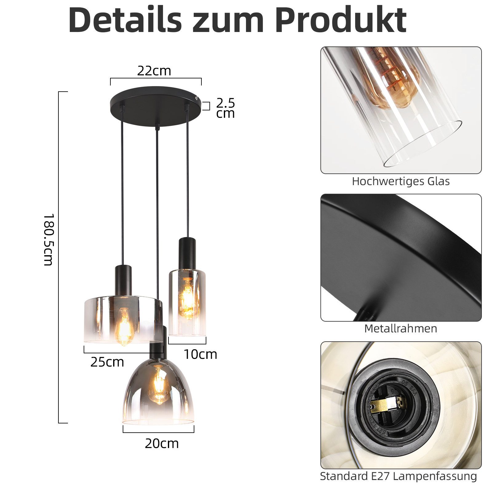 Nettlife Pendelleuchte 3/4 rauchgrauem Glas E27 Fassung Industrielle Hängel günstig online kaufen