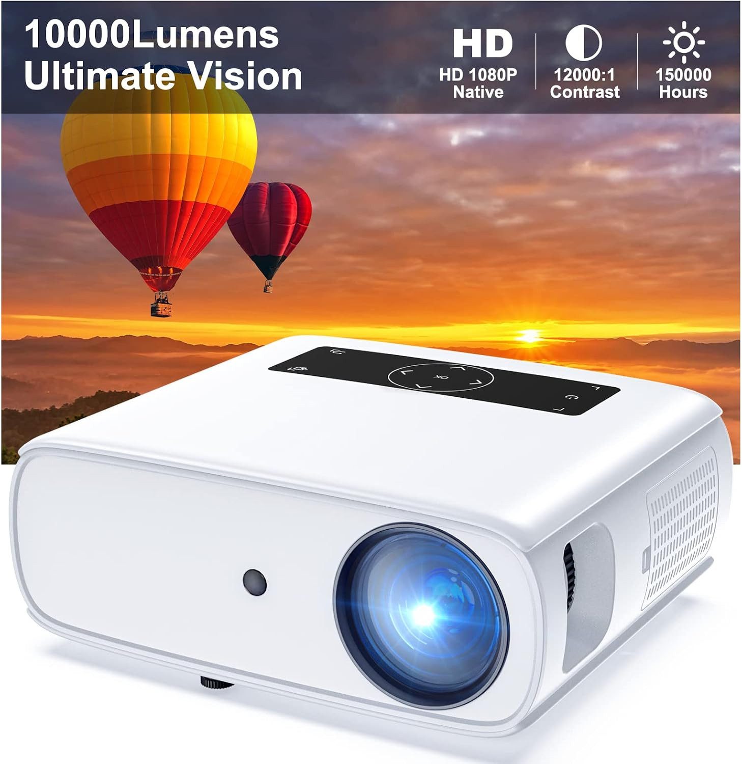 HOPVISION LED-Beamer (10000 lm, 3840 x 2160 (4K unterstützt) px, SRS-Stereo-Sound, Projektionsgröße bis 350 Zoll, LED-Lichtquelle)