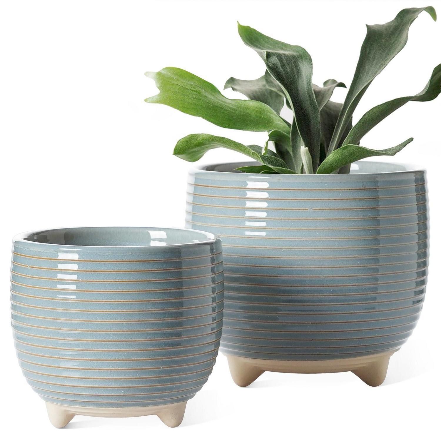 LuxusKollektion Blumentopf Blumentopf Keramik Füße 12 16 cm Set 2er Reaktive Glasur Blau Grau