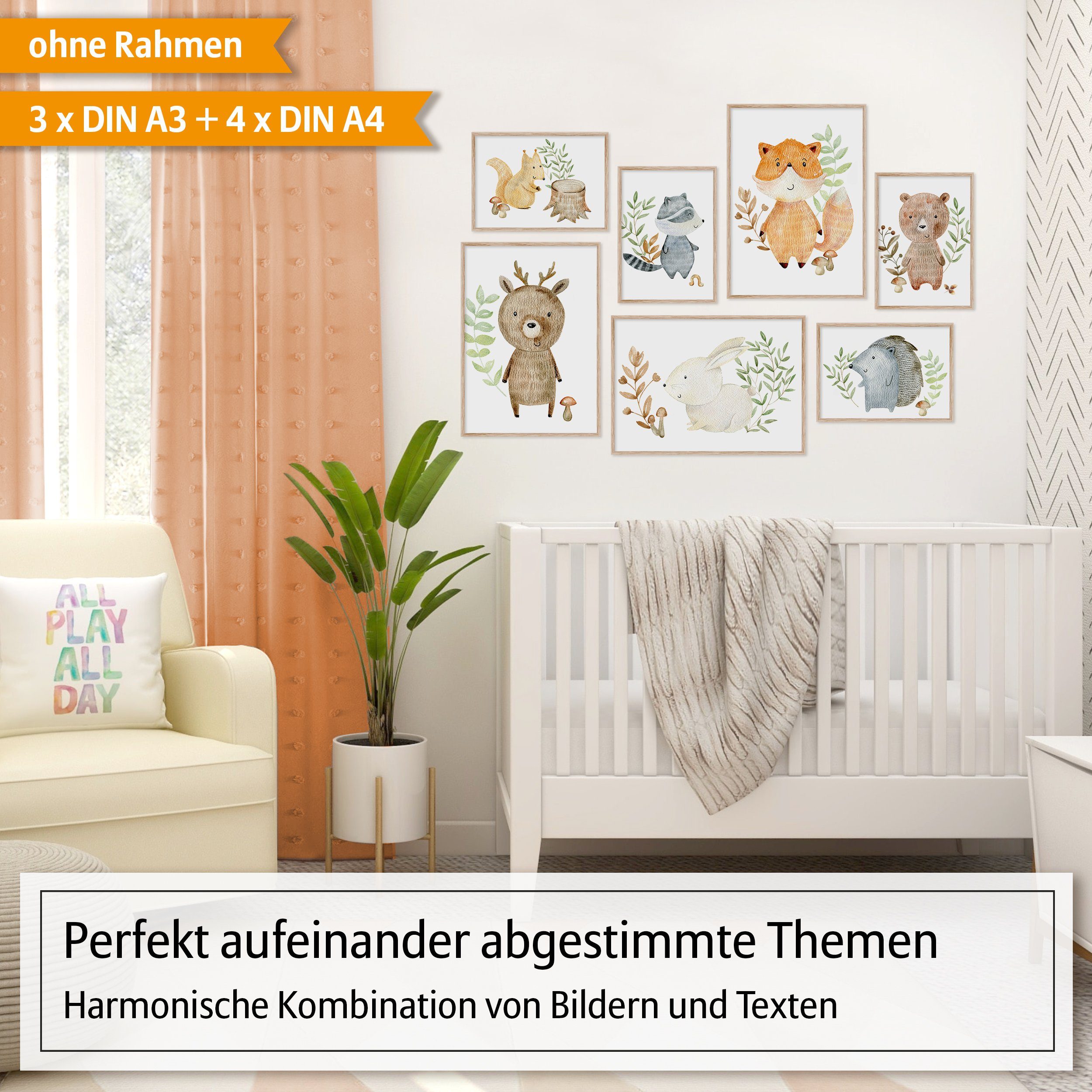 Hyggelig Home Poster Waldtiere, Premium Poster Set OHNE & MIT Rahmen, Wandbild Kinderzimmer, Tiere (Set, 7 St), Collage Zeichnung, Qualitätsdruck dickes Papier