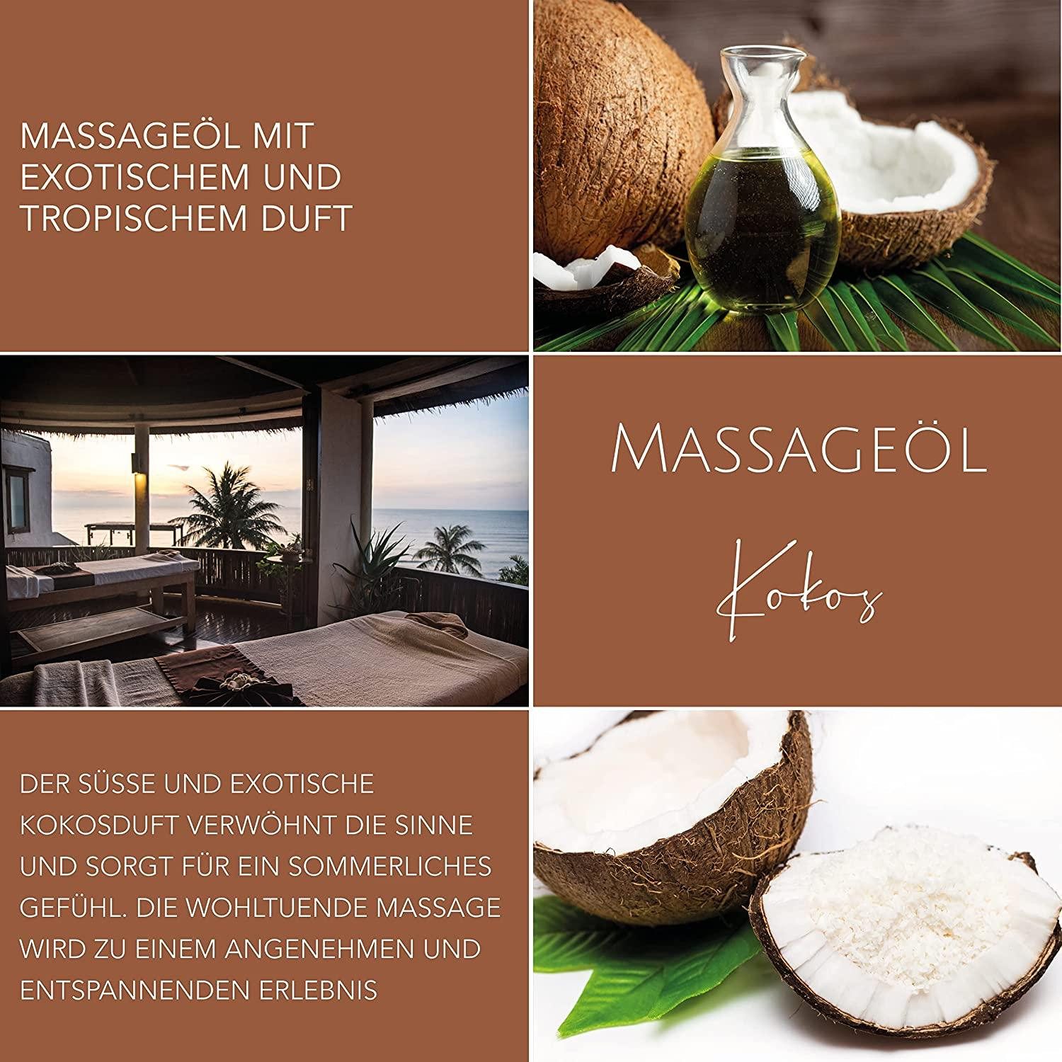 DaniChou Massageöl Kokos, Natürliche Pflege mit Jojoba- & Mandelöl, 250 ml, 100% Naturkosmetik, vegan & ohne Paraffine, Exotischer Duft für sinnliche, Massagen & geschmeidige Haut, Made in Germany