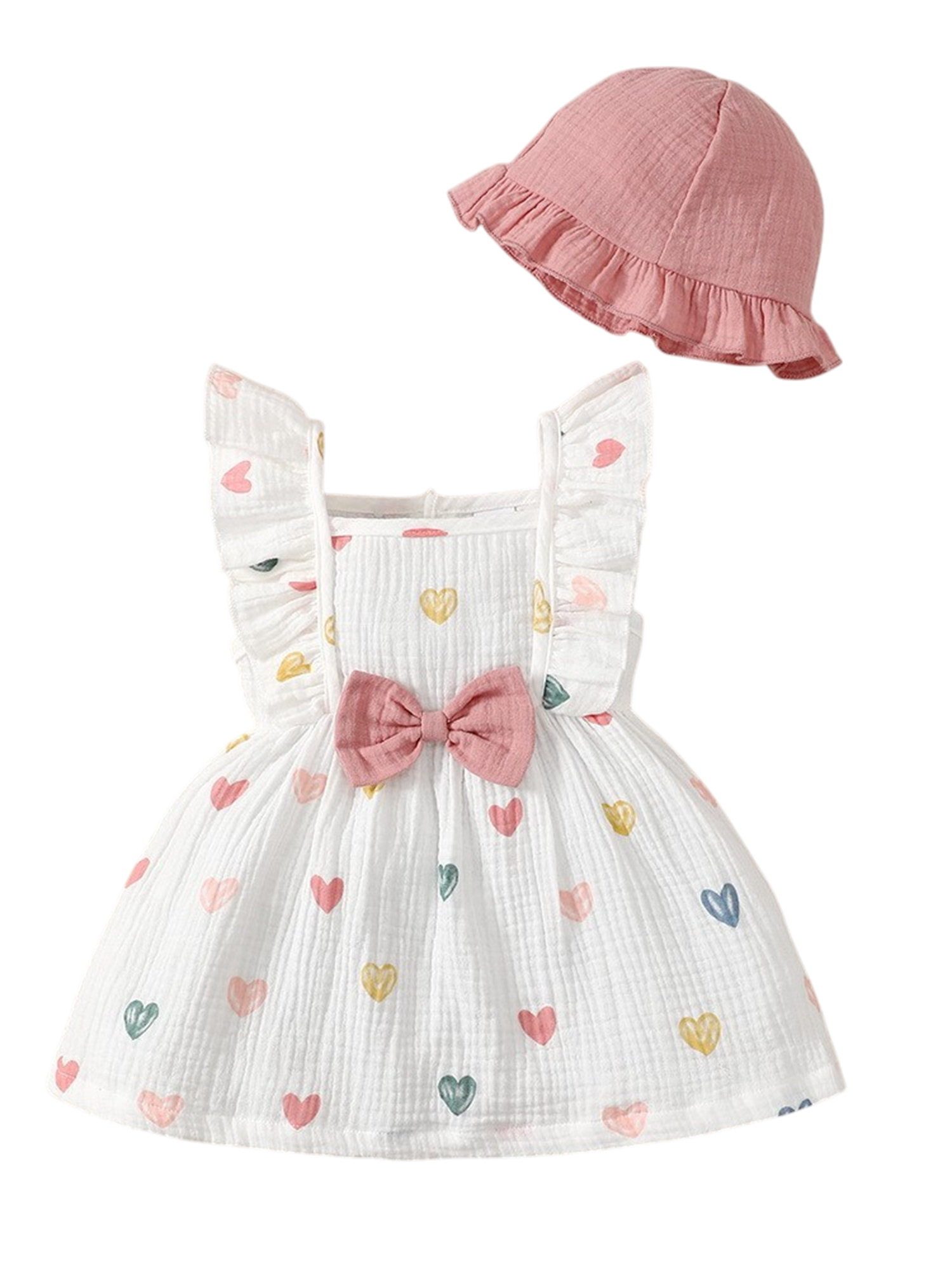 Lapastyle Druckkleid Baby Mädchen Kleidung, ärmelloses Rüschenkleid und Hut, 100% Baumwolle (Set, 2-tlg) Süßes A-Linien Kleid mit Herzmuster/Kirschmuster, für Freizeit, Partys
