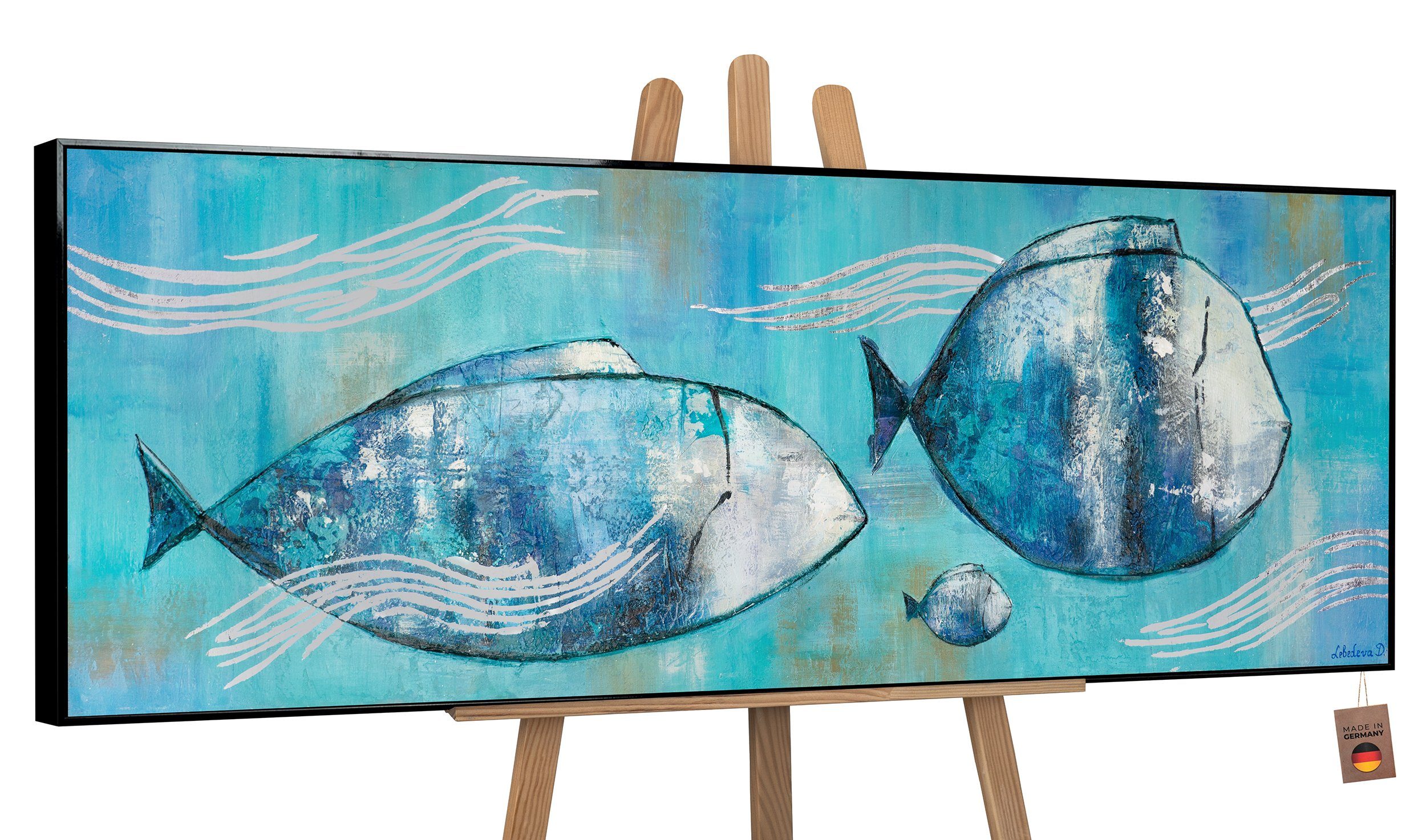 YS-Art Gemälde Reisende Fische, in Familie im Schwarz Fische Meer auf Tiere, Leinwand Rahmen Bild Mit Handgemalt