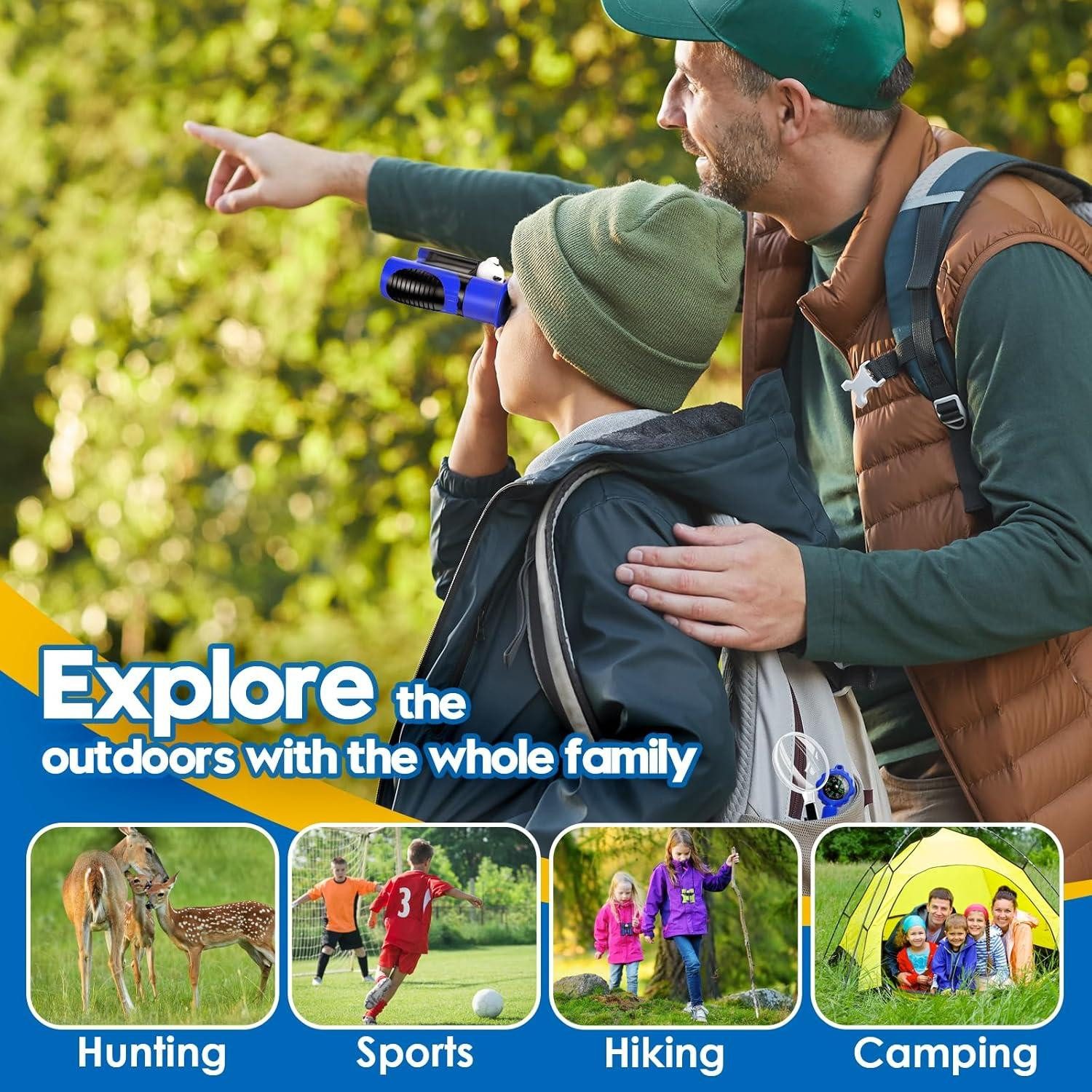 Toomoke Lernspielzeug 8x21 Children's Binoculars,Outdoor-Spielzeug Fernglas für Kinder,Blau, Mit Kompass, Lupe und Reinigungstuch, für Kinder 3-12 Jahre, Geschenk
