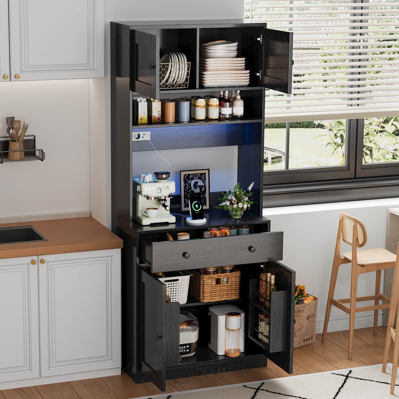 Ulife Küchenbuffet mit Arbeitsplatte und LED-Beleuchtung, Küchenschrank 72×40×180cm (1-St) Hochschrank mit Schublade, Türen und mehre …