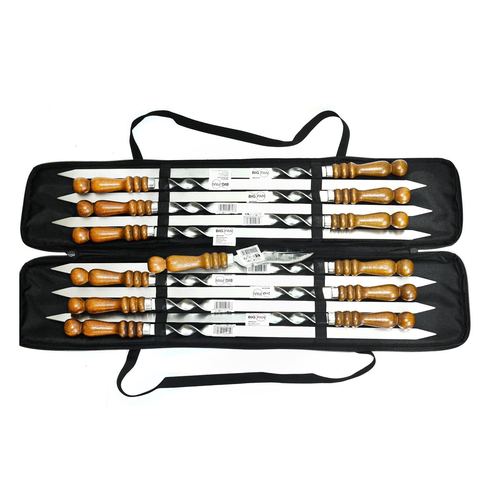 BIG-PAN Schaschlikspieße 12 Stk. Set Schampura mit Tasche Kebab Grillspieße (Grillspieße mit Aufbewahrungstasche für Grill, Camping & Outdoor, Adana Kebab Spieße, Tasche), kaltgewalzter Edelstahl