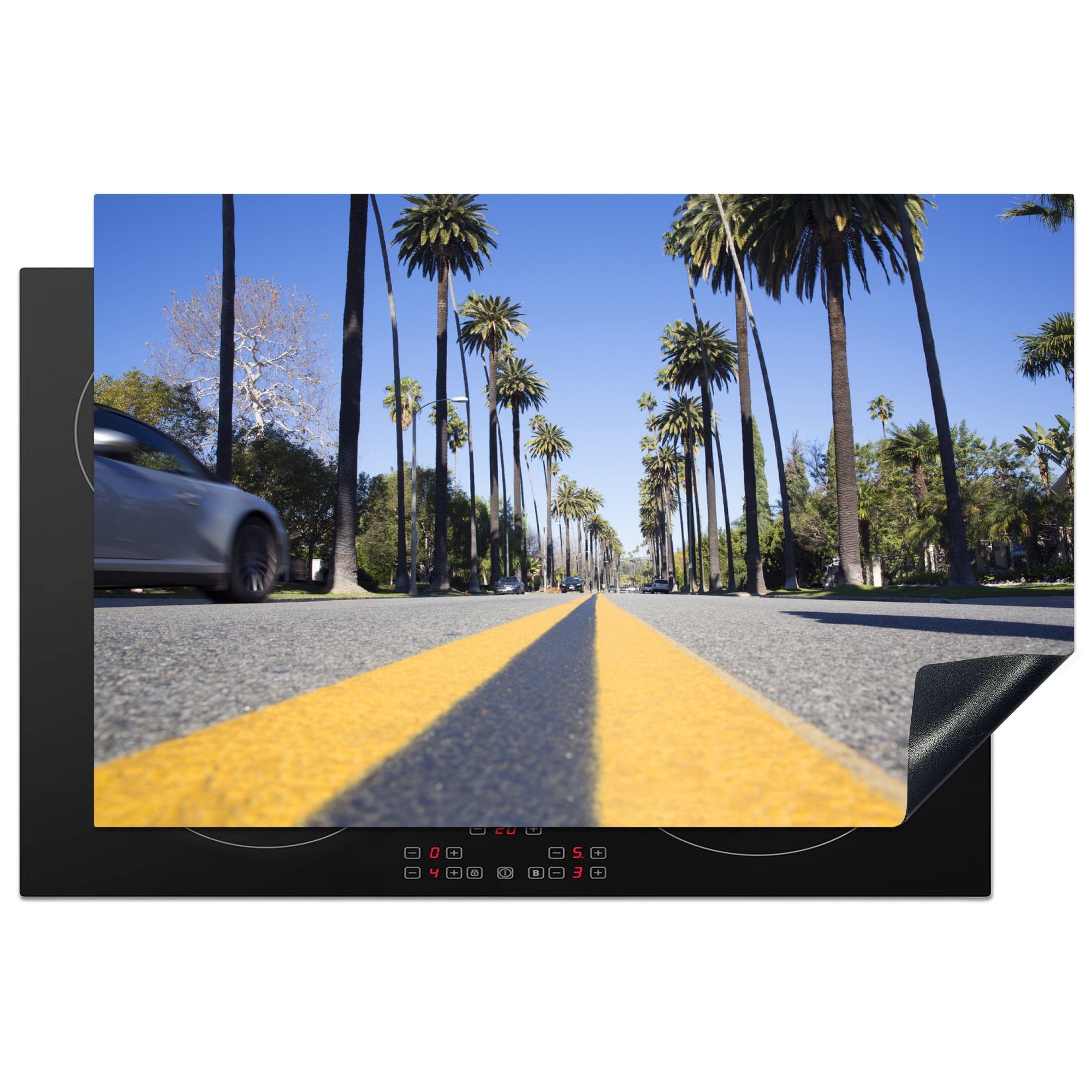 MuchoWow Herdblende-/Abdeckplatte Blick auf die Straße in Beverly Hills in Amerika, Vinyl, (1 tlg), 81x52 cm, Induktionskochfeld Schutz für die küche, Ceranfeldabdeckung