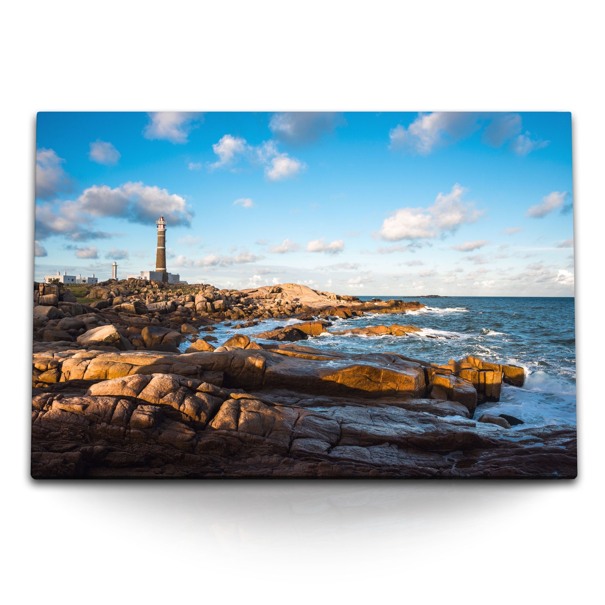 Leinwandbild 120x80cm Wandbild auf Leinwand Leuchtturm Steinküste Felsenküste Meer