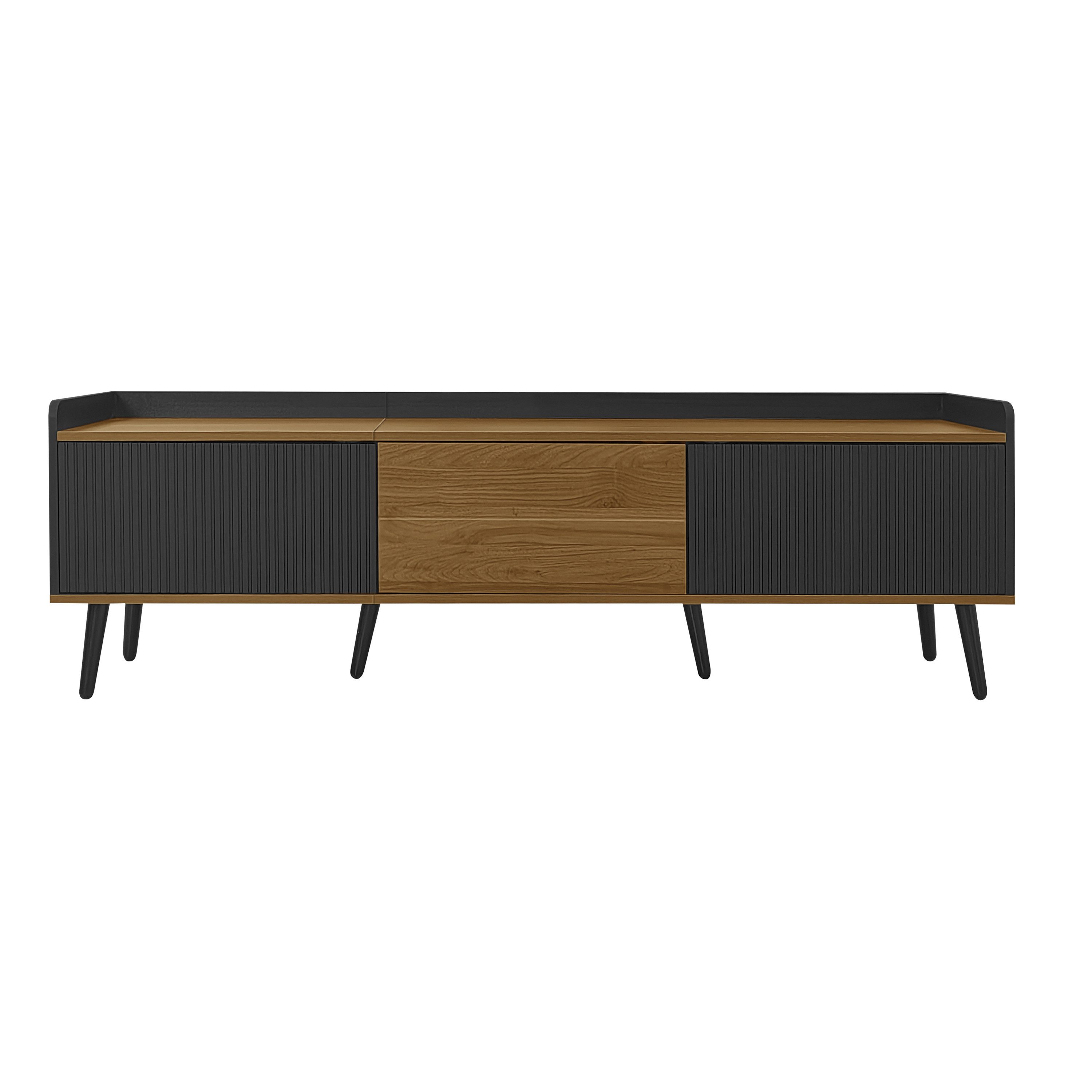 Yorbay TV-Schrank dreitüriger Unterschrank Natur Holzfinish, für Fernsehen bis 70 Zoll Klassik TV Ständer mit 6 Füße, Großer Strauruam, 160x39x50cm