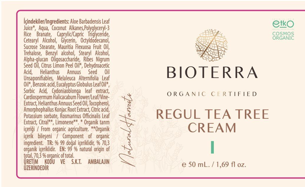 Naturkosmetik Bio Creme BIOTERRA 1-tlg. Vegan Nachhaltig, Teebaum Regulierende Gesichtspflege 50ml