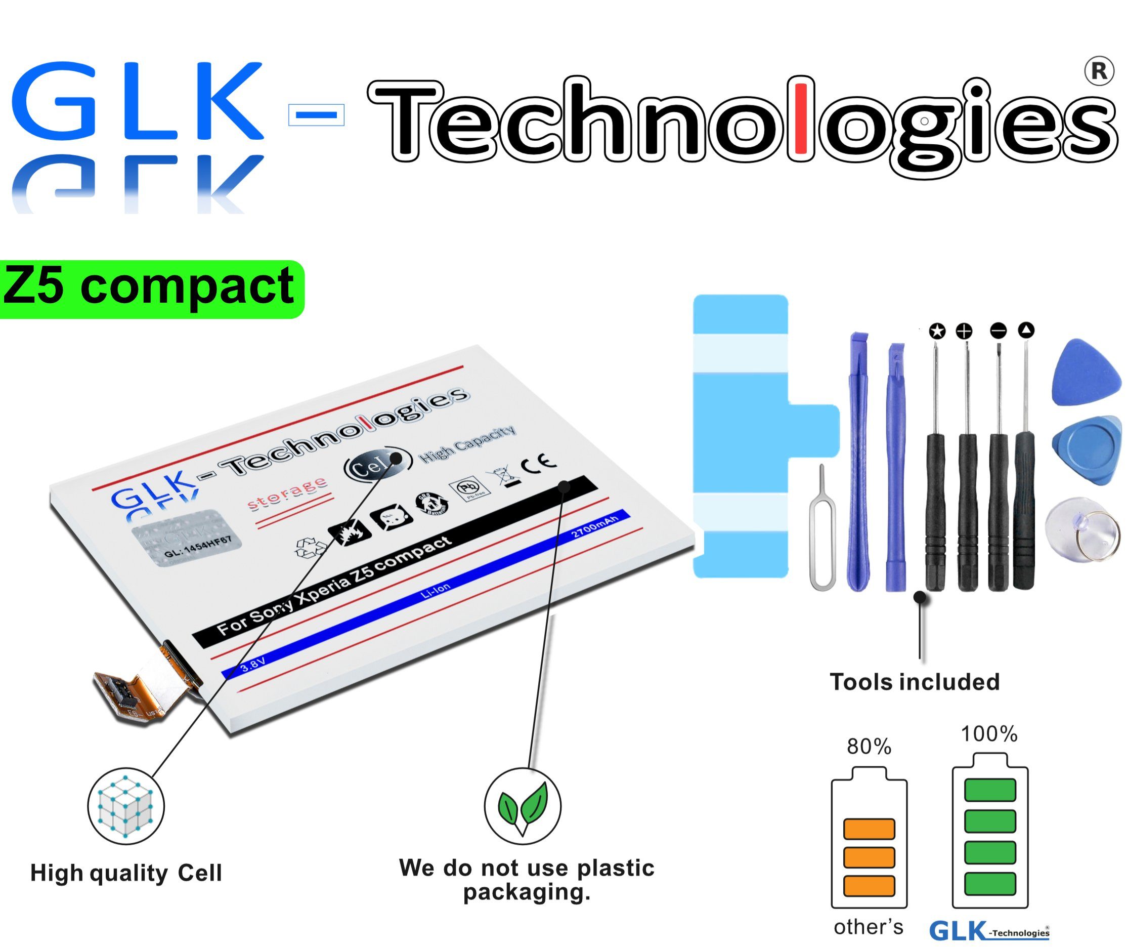 LIS1594ERPC, Sony High Xperia mit Set Werkzeug Original GLK-Technologies (3.8 accu, Power 2700 Akku, GLK-Technologies Z5 Kit mAh Compact mAh inkl. Battery, 2700 NEU kompatibel V) Ersatzakku Smartphone-Akku