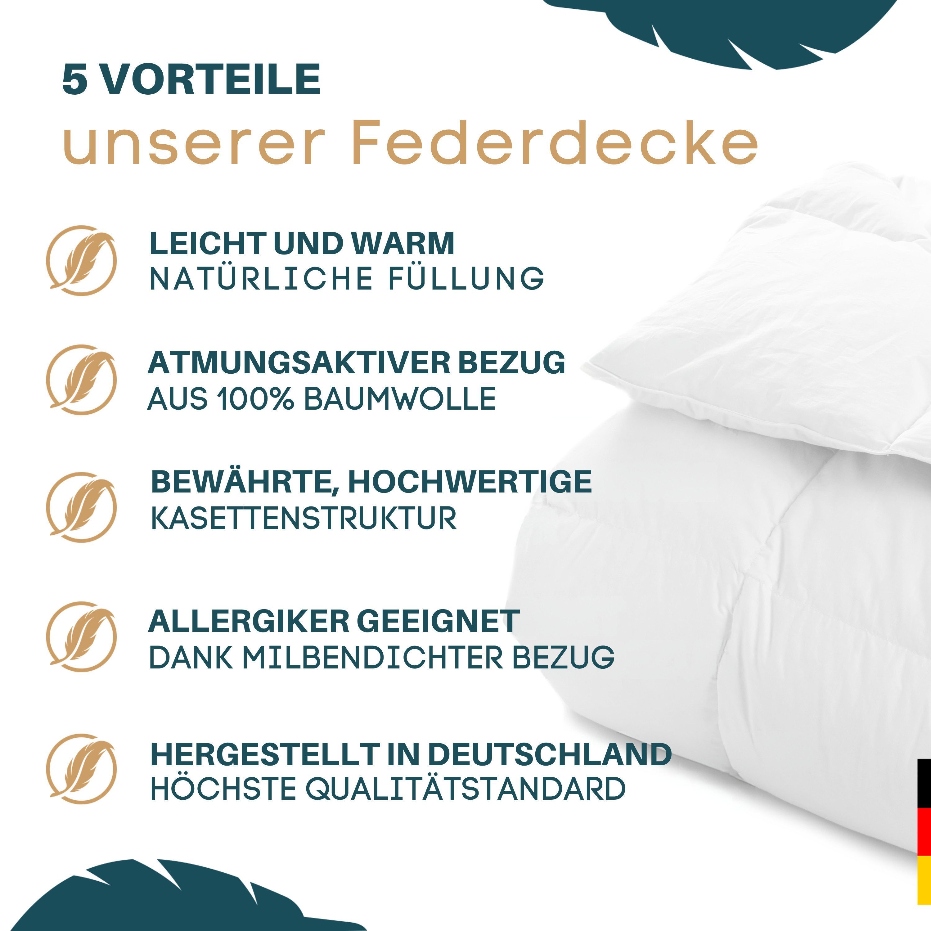 KNERST Federbettdecke - Bettdecke mit Daunen & Federn, Füllung: 90% Federn und 10% Daunen, 135x200 cm, Baumwollbezug, atmungsaktiv – Bild 5 von 5
