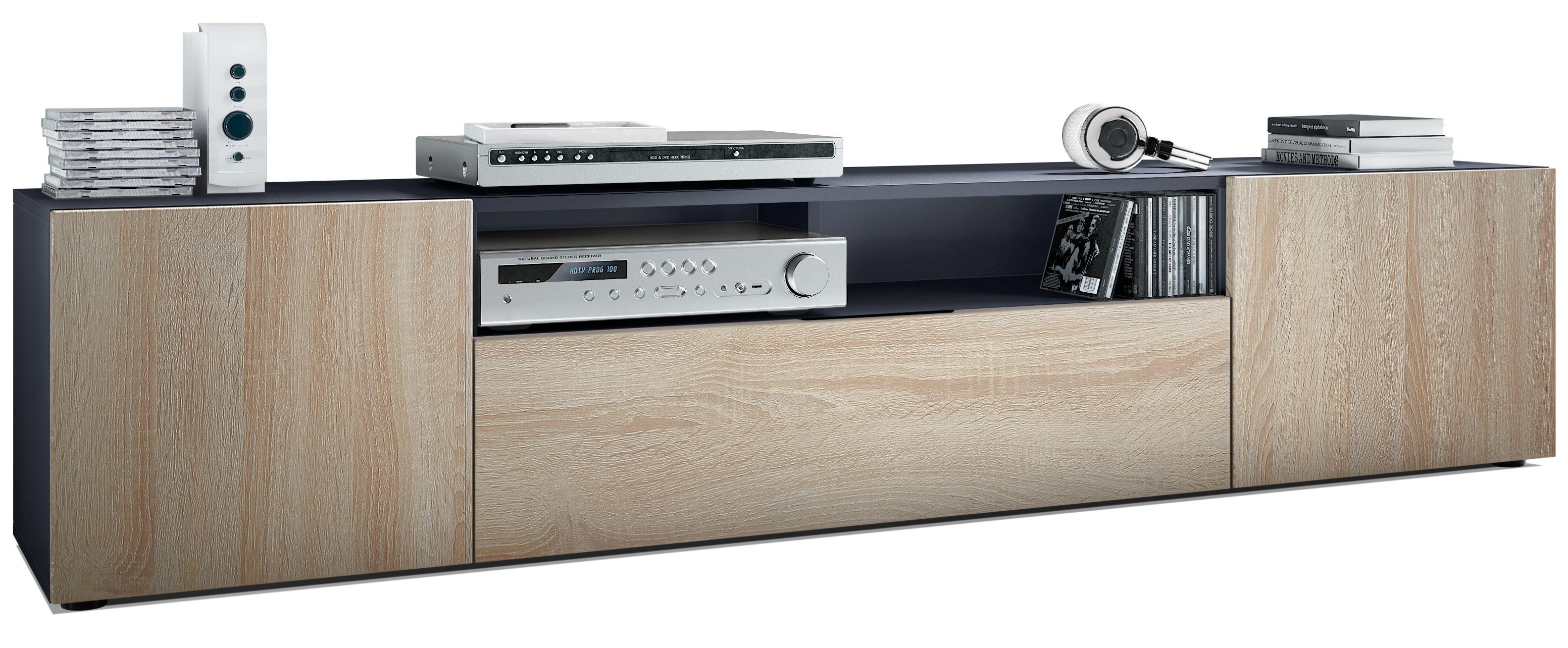 Vladon Lowboard Mogan (TV-Kommode, mit 2 Türen, 1 Klappe und 1 offenes Fach), Anthrazit matt/ Eiche sägerau (181 x 39 x 35 cm)