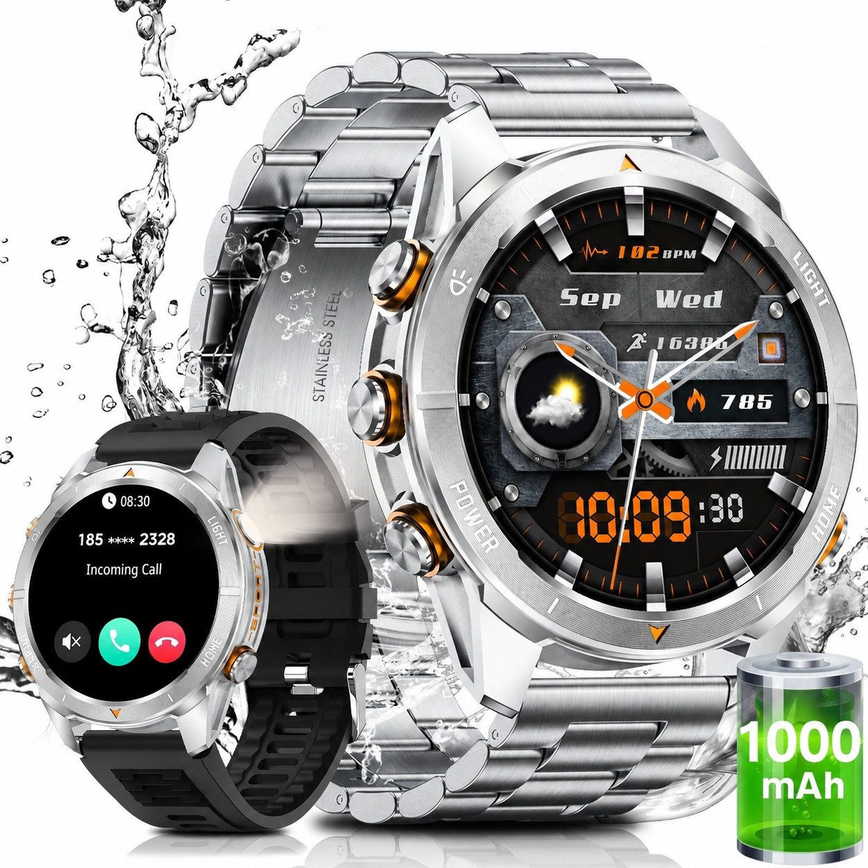 SWGOTA Smartwatch Herren Militär mit 1000mAh großer Akku 1,46" AMOLED-Display Smartwatch, Fitnesstracker mit 100+ Sportmodi/Herzfrequenz/Blutdruck/SpO2, Fitnessuhr Herren für Android iOS mit Schlafüberwachung