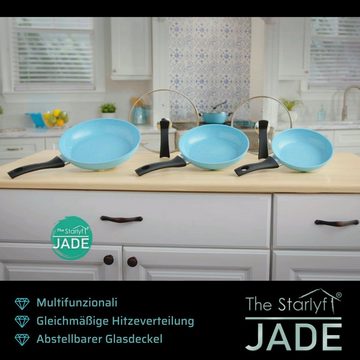 Starlyf Pfannen-Set Jade Pan Set + Jade Knife Series, Aluminium (Spar-Set, 11-tlg., 3 Pfannen, 2 Glasdeckel, 5 Messer, 1 Messerständer), Pfannen, Messerset, Messerblock, Jade Antihaft Beschichtung, Induktion