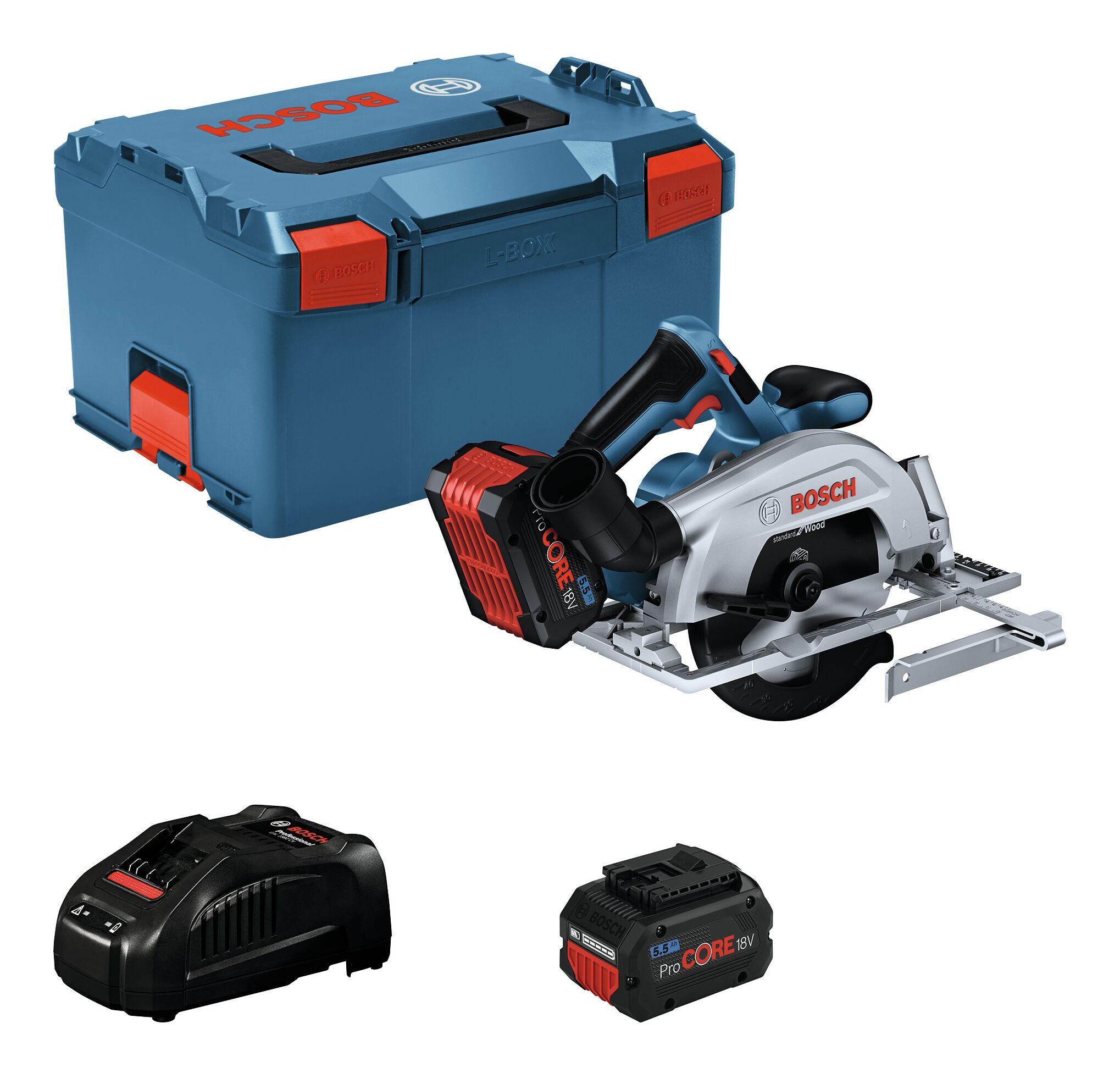 BOSCH Akku-Handkreissäge GKS 18V-57-2, Kreissäge mit 2x Akku ProCORE 5,5 Ah - in L-BOXX 238
