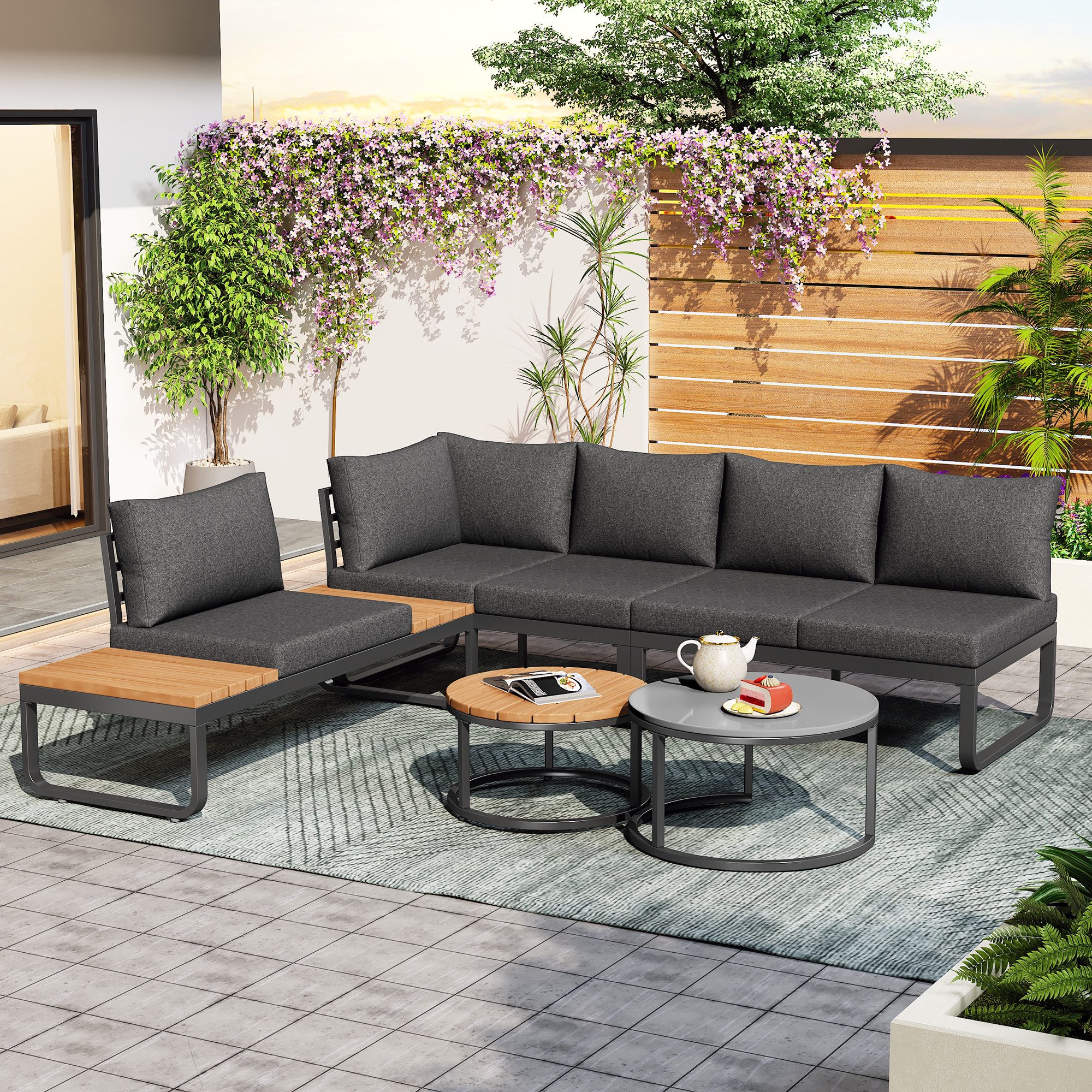 MODFU Gartenlounge-Set Outdoor Garten-Lounge-Set,mit verzinktem Eisengestell, (Gartenmöbel-Set mit 4-5 Sitzplätzen, stapelbaren Couchtischen, verstellbaren Beinen, elegantes Design, wetterbeständig, ideal für Balkon und Terrasse, inkl. Kissen und grauen Sitzpolstern, komfortabel und stabil), mit Relaxfunktion