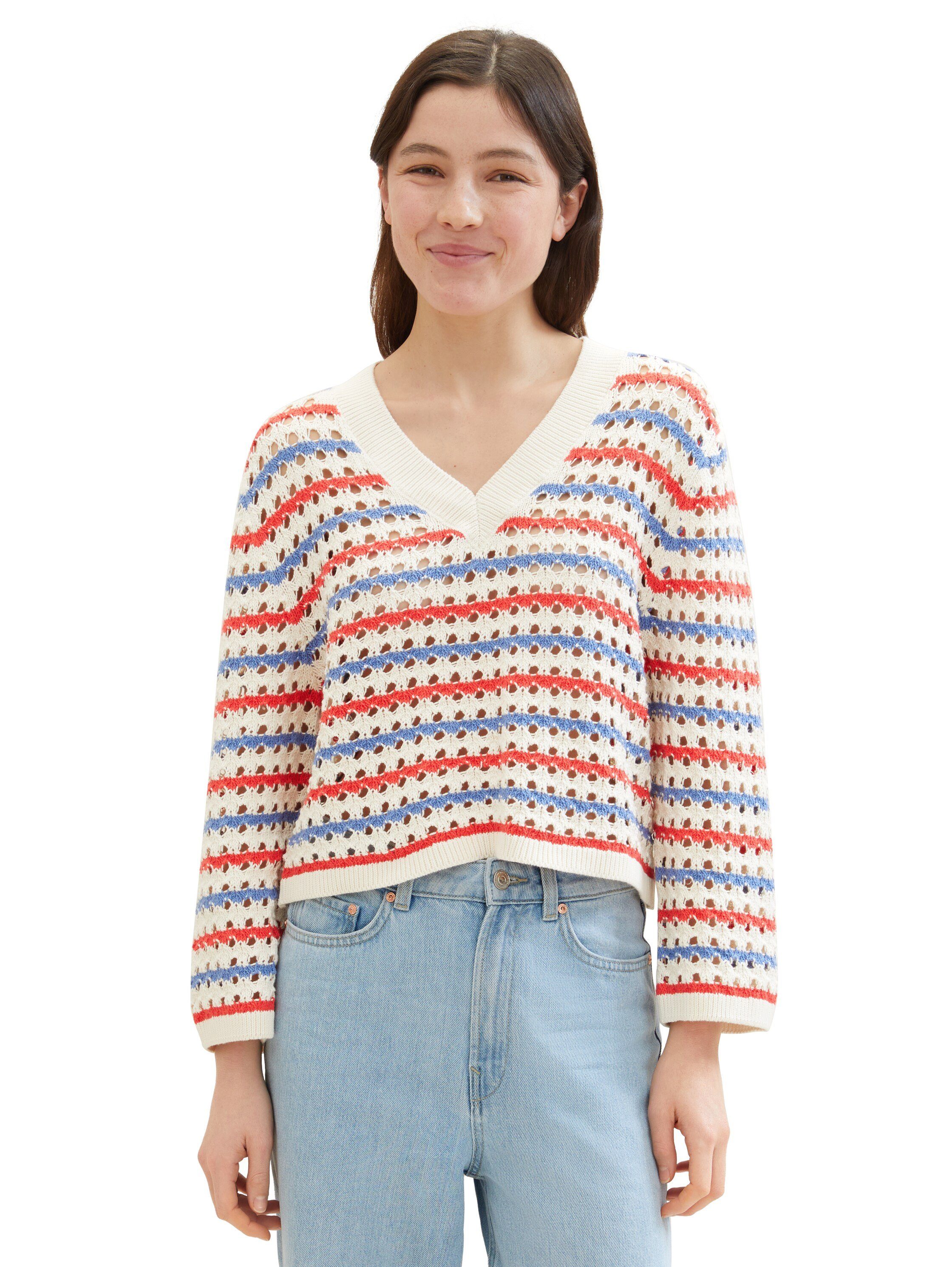 TOM TAILOR Denim Strickpullover in Streifen-Optik und mit V-Ausschnitt günstig online kaufen
