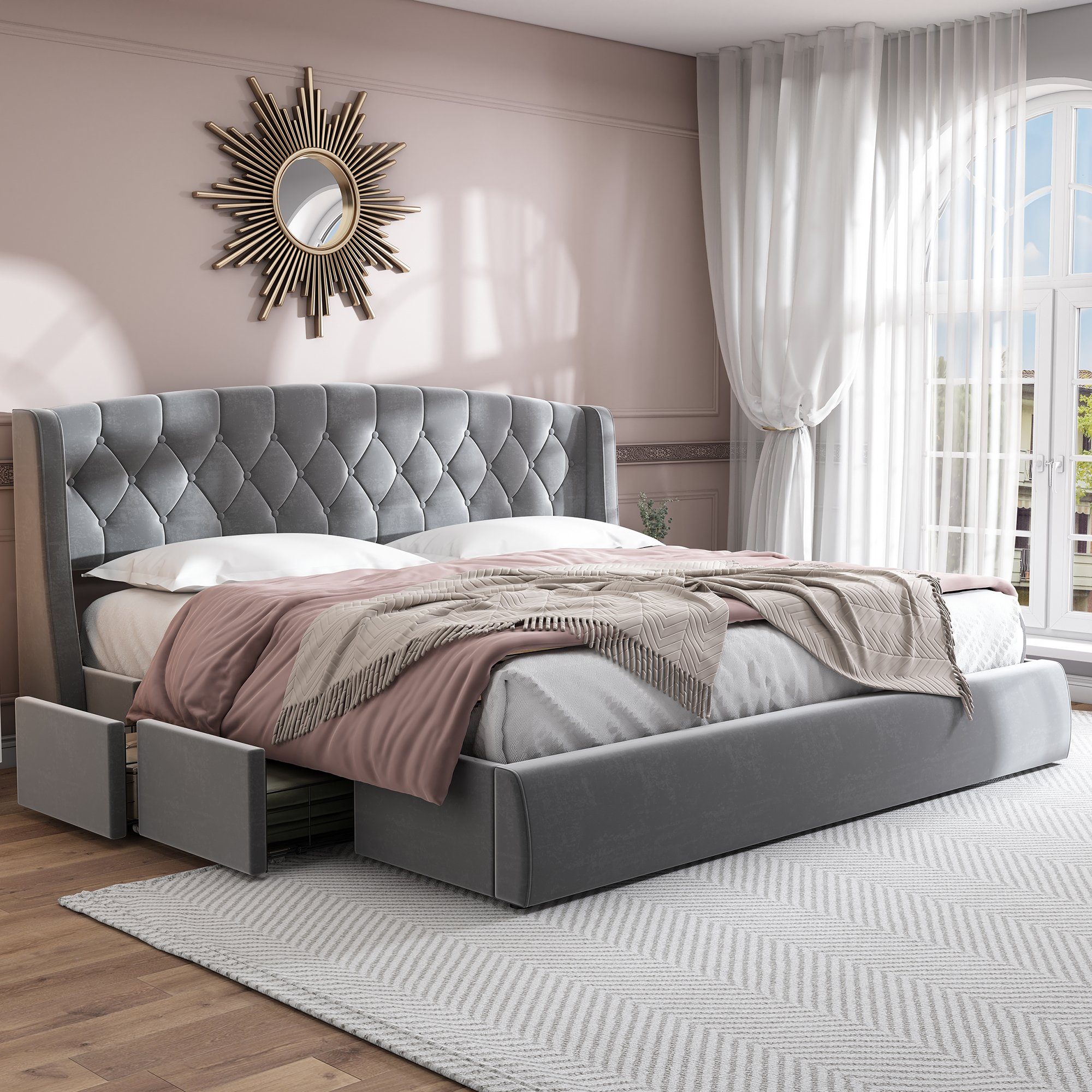Polsterbett (Polsterbett, 180 x 200 cm Doppelbett mit Lattenrost und 4 Schubladen), Holzbett inkl. Kopfteil mit Rautensteppung, Bezug aus Samtstoff