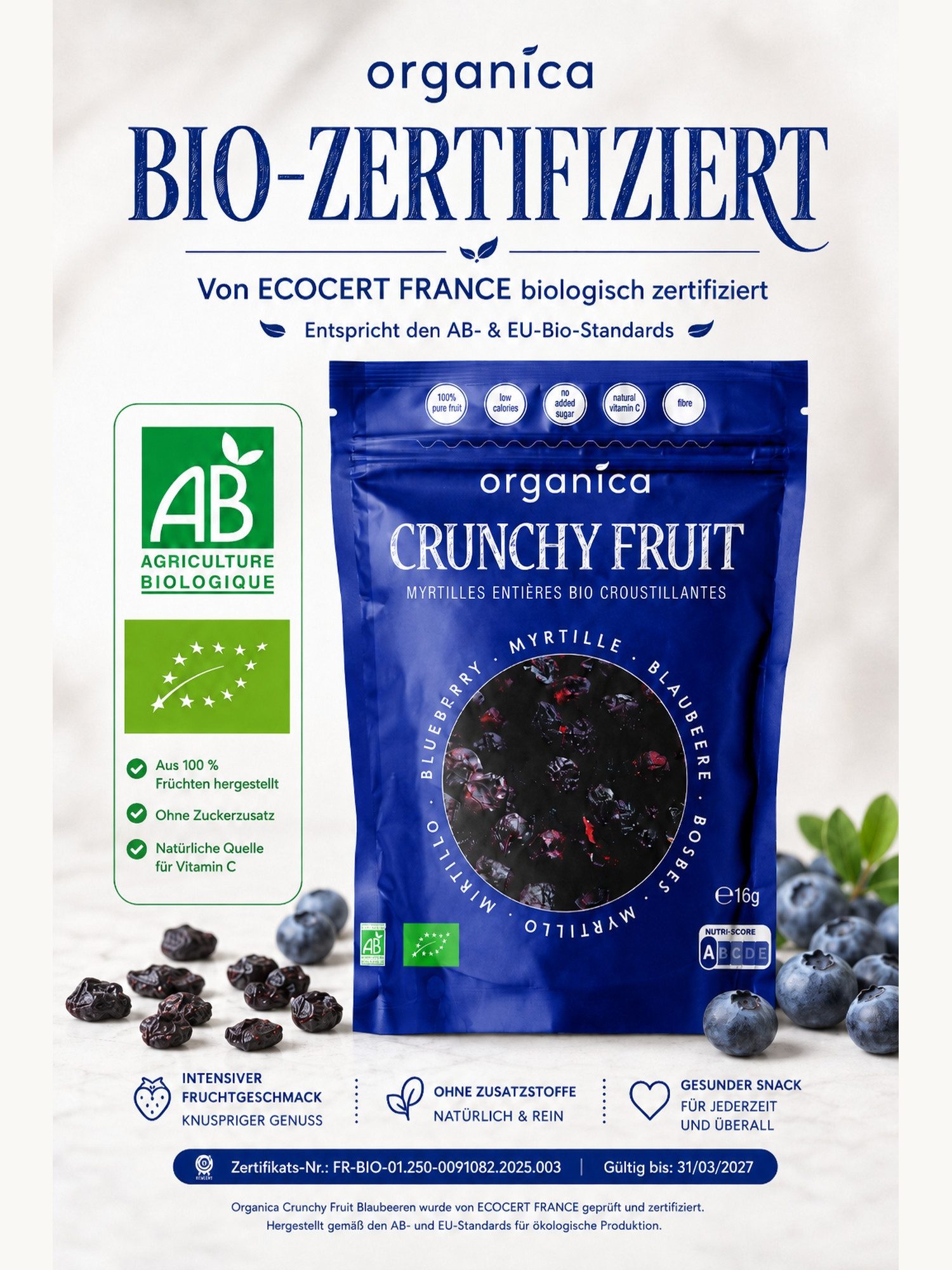 Organica Trockenfrüchte Gefriergetrocknete Bio-Blaubeeren, Getrocknete Heidelbeeren, 1 x, Bio-zertifiziert, 100 % Frucht, Ohne Zuckerzusatz, Nutri-Score A