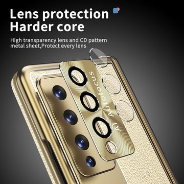 Wigento Handyhülle Für Samsung Galaxy Z Fold4 5G Magnetische Kunststoff / Glas Handy Tasche Hülle Etuis Champagner / Gold + Stift