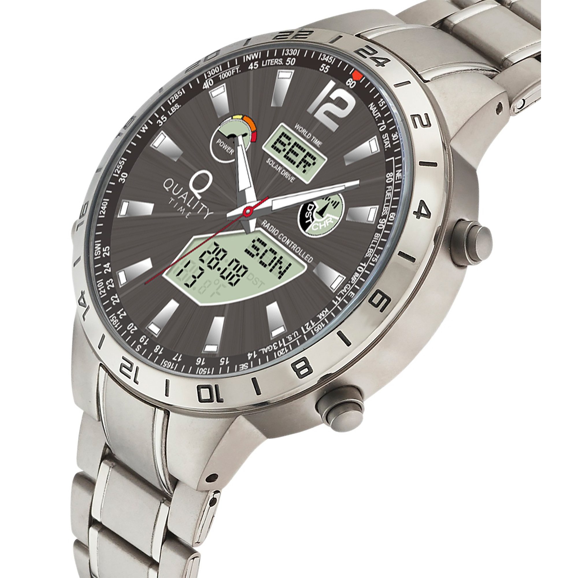 QUALITY TIME Funk-Multifunktionsuhr QGT-11365-56M, Armbanduhr, Solar, Herrenuhr, analog, digital, automatischer Kalender