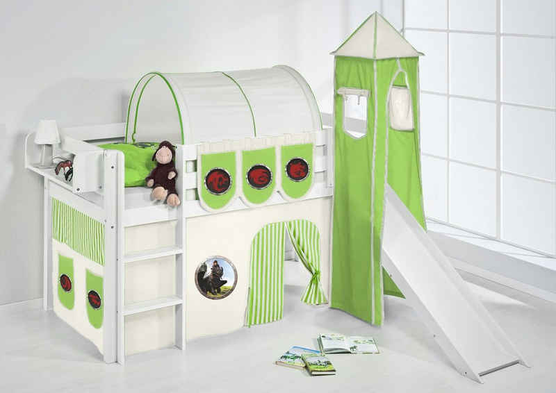 Lilokids Kinderbett Spielbett JELLE Dragons grün - mit Rutsche & Vorhang & Turm