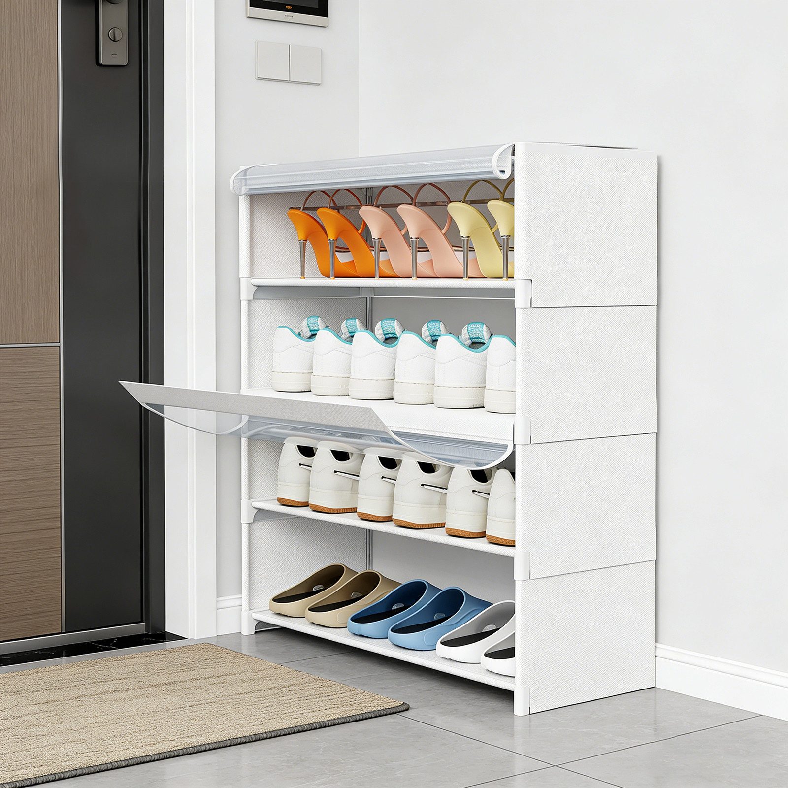 JEOBEST Schuhregal 4-stufiger Schuhschrank, mit Staubdichtem, Schuh-Organizer, Platzsparend, Schuhaufbewahrung aus Stoff, PP-Kunststoff – Bild 2 von 5