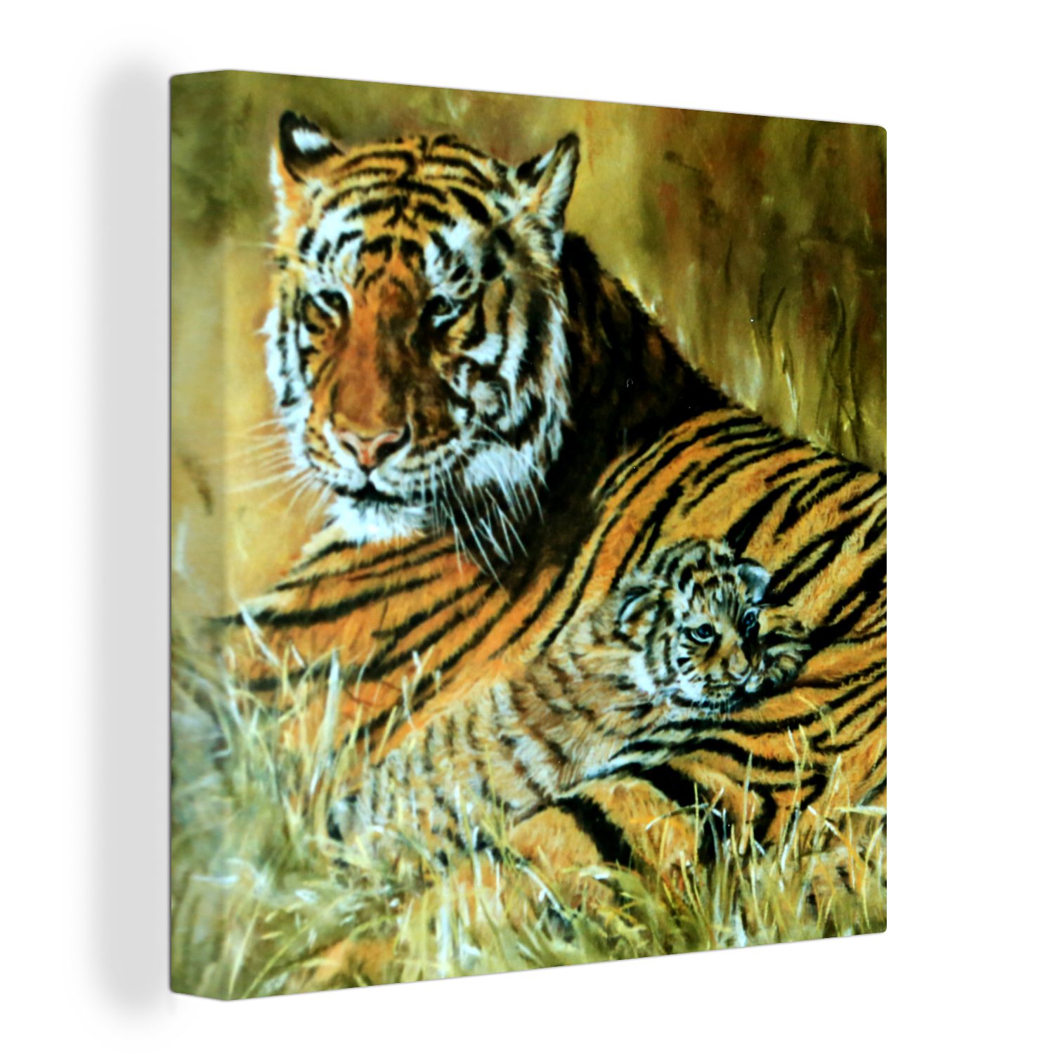 OneMillionCanvasses® Leinwandbild Ölgemälde Tiger und ihr Junges, (1 St), Leinwand Bilder für Wohnzimmer Schlafzimmer