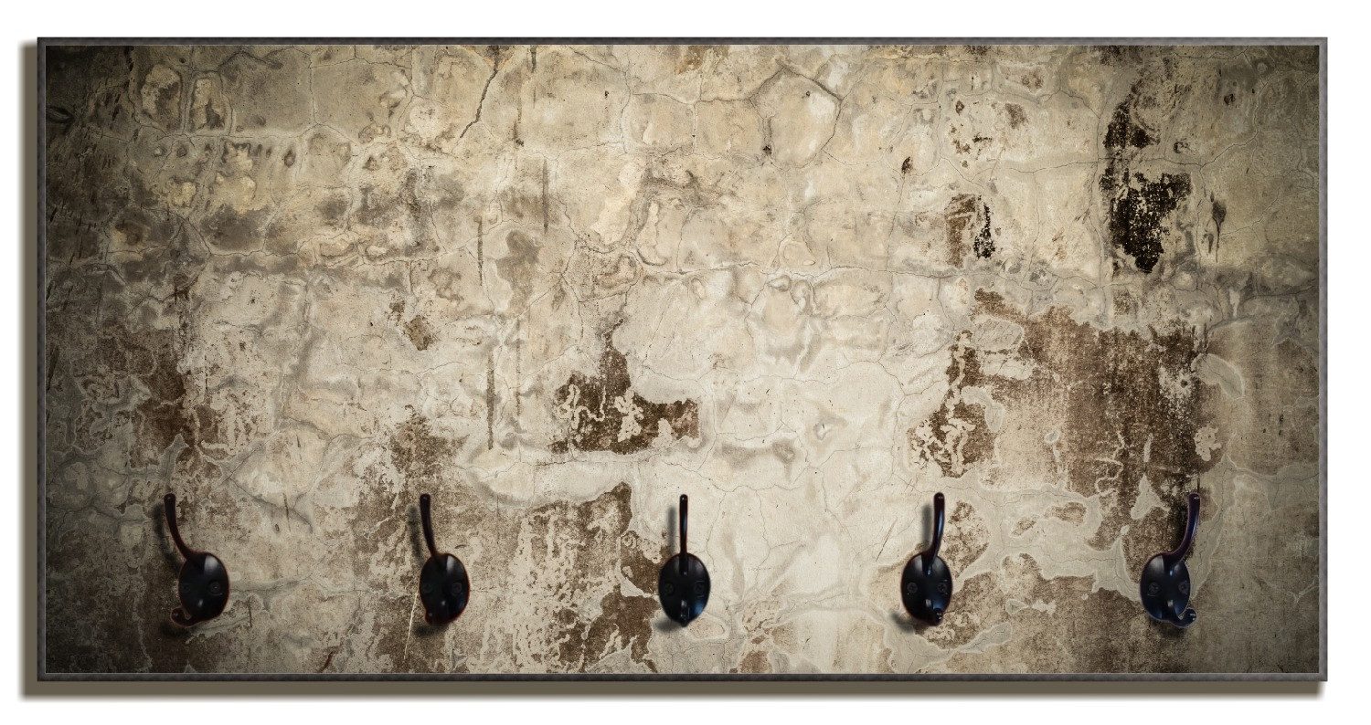 Wallario Garderobenpaneel Alte schmutzige Wand aus Beton mit abblätternder Farbe (1-teilig, inkl. Haken und Befestigung), 80x40cmHolz