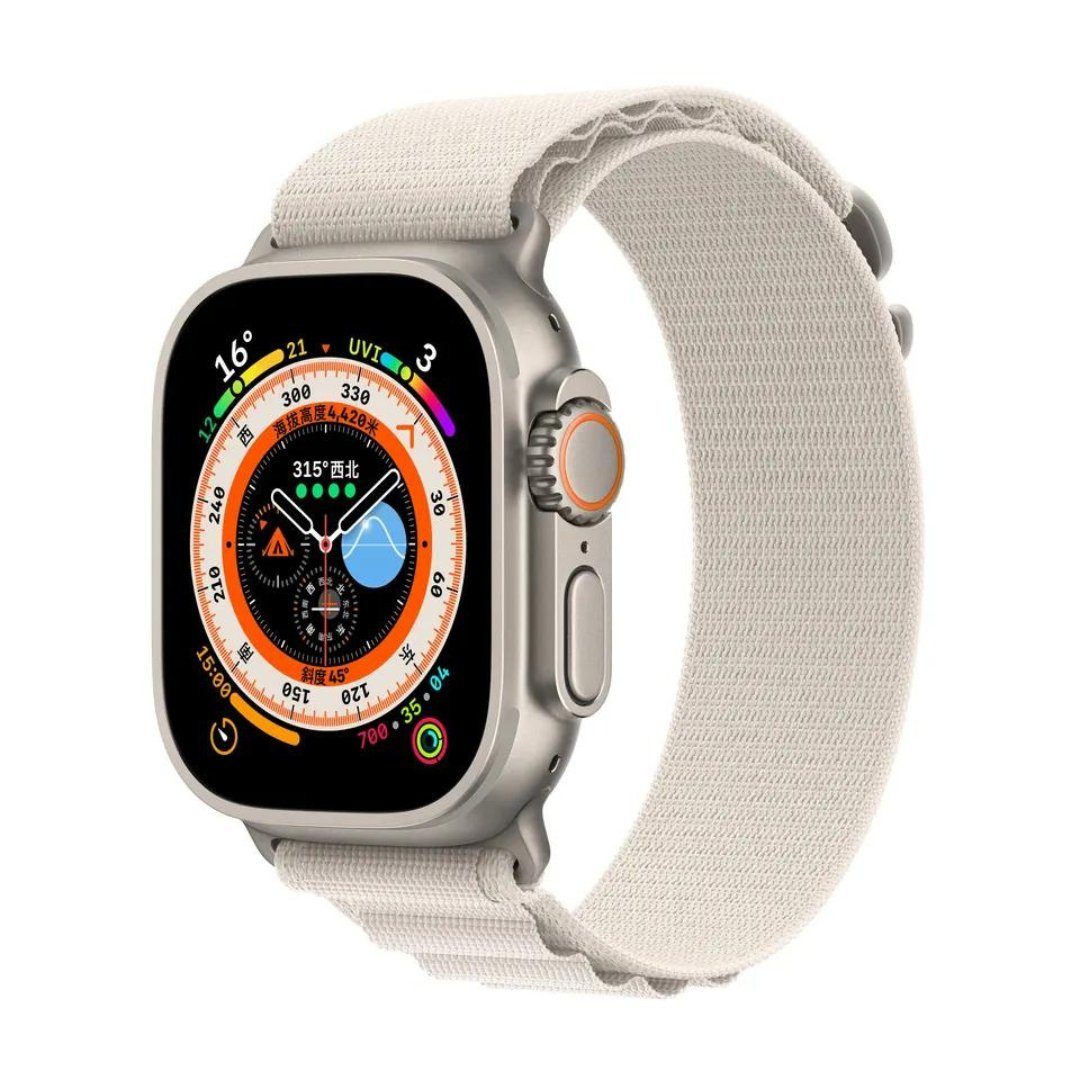SmartUP Uhrenarmband Sport Ersatz Armband für Apple Watch Ultra SE 1/2/3/4/5/6/7/8 Nylon, Alpin Nylon Sport Loop Ersatzband / Titan G-Haken / Outdoor #2 Polarweiß