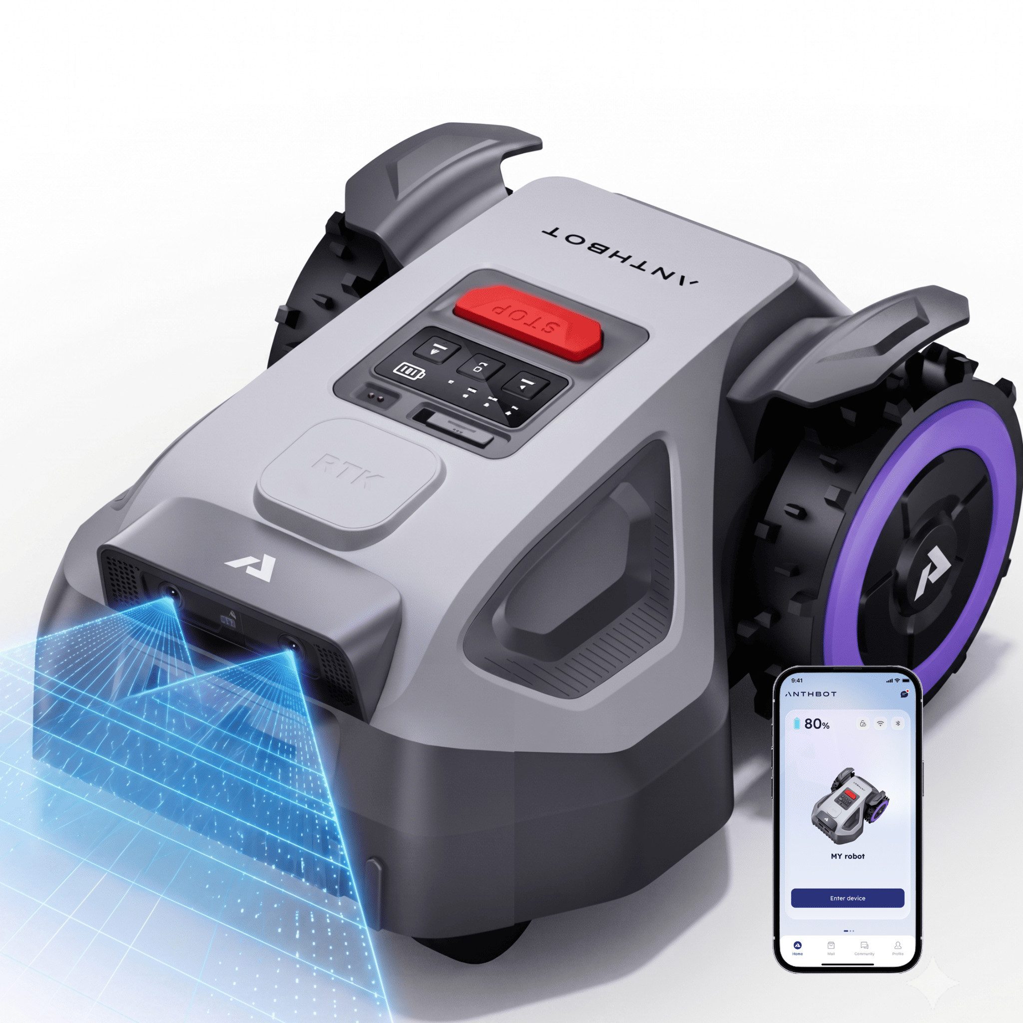 ANTHBOT Rasenmähroboter M5 Serie Ohne Begrenzungskabel mit RTK-Navigation & HDR-Dual-Vision, bis 700 m² Rasenfläche, (mit 4G-Modul, Schnitthöhe per App), Steigungen bis zu 45%, aktiver Tierschutz & KI-Hindernisvermeidung