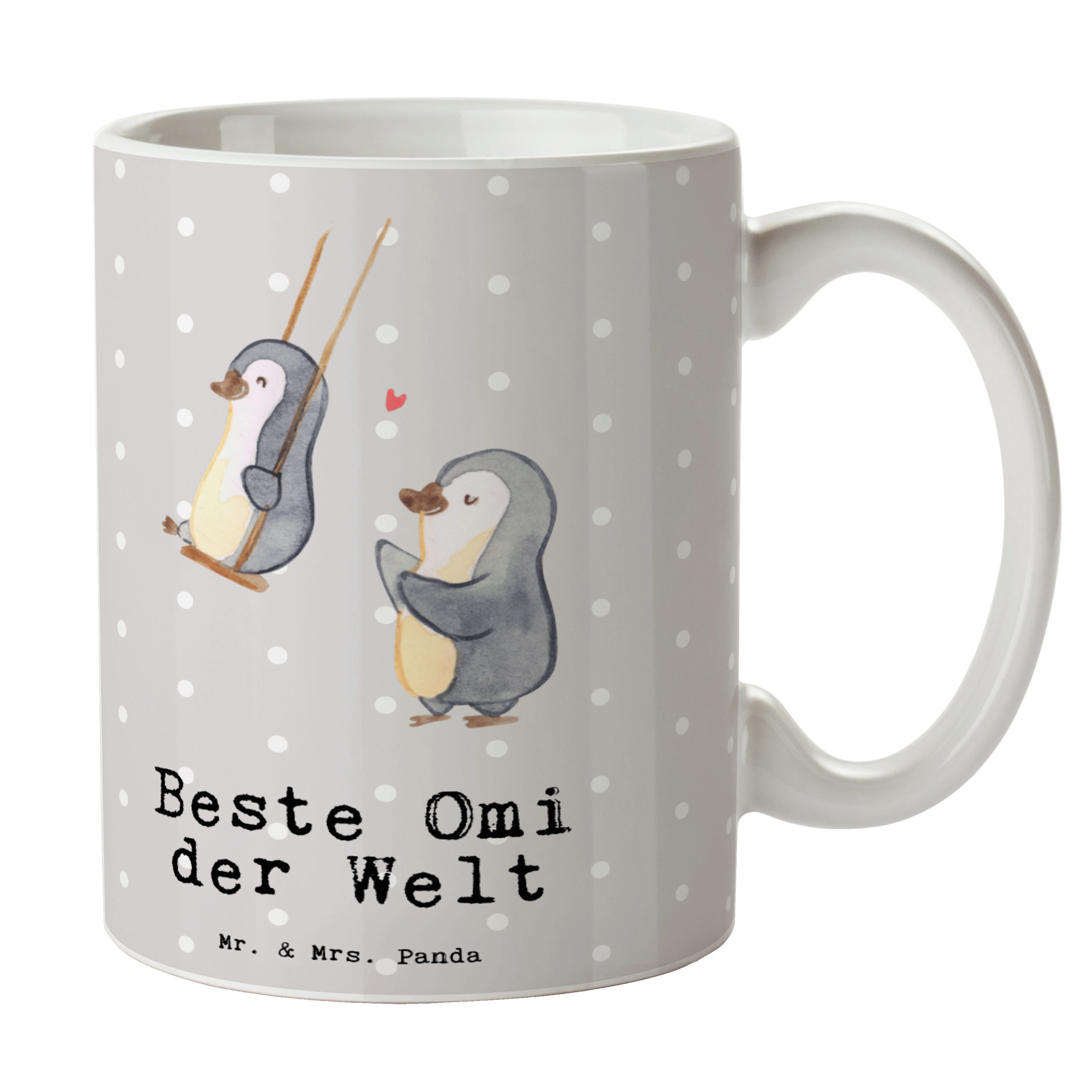 Mr. & Mrs. Panda Tasse Pinguin Beste Omi der Welt, Tasse, Grau Pastell, Kleinigkeit, Geschen, Keramik, Tasse mit Motiv Frühstücksbecher Motivtasse