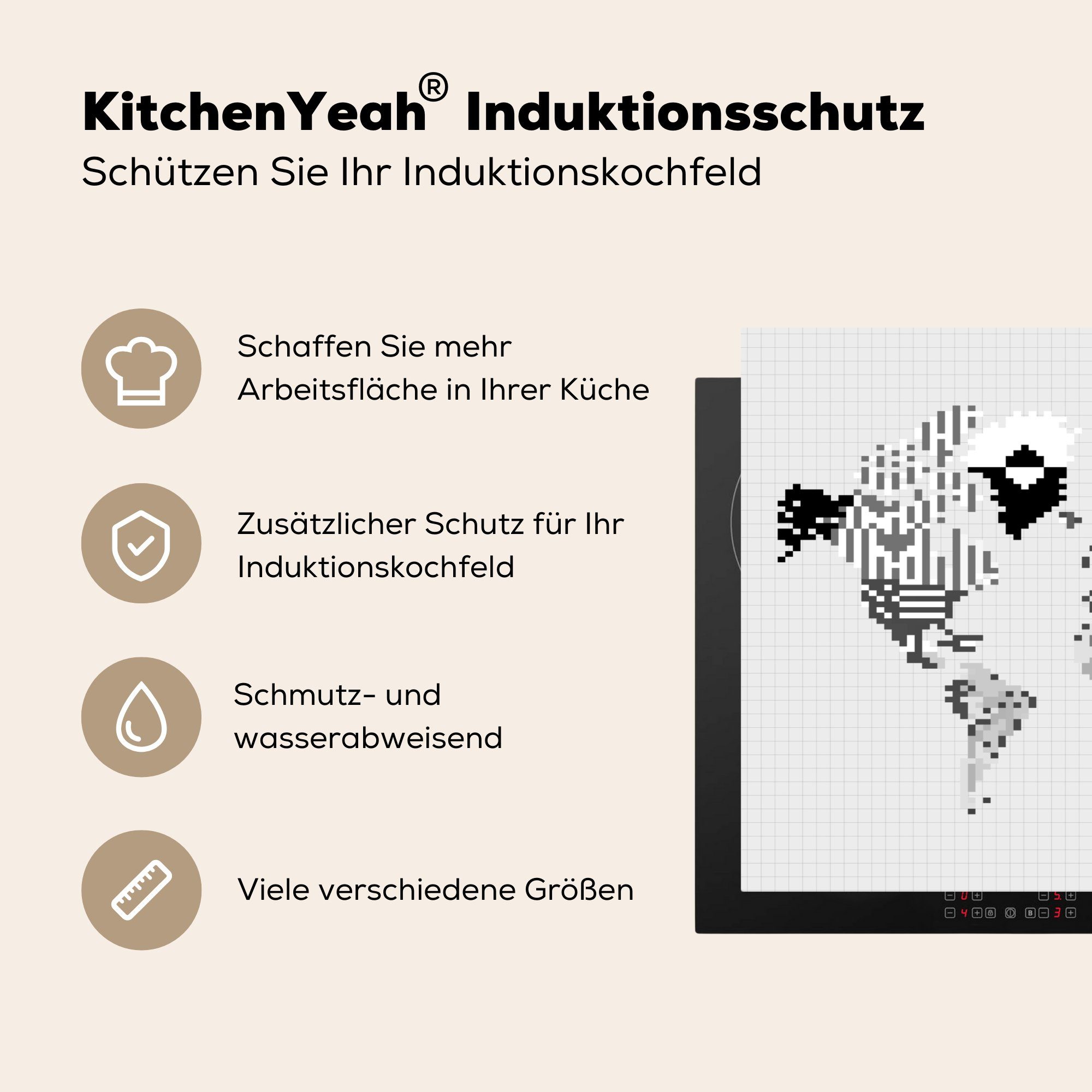 Herdblende-/Abdeckplatte 71x52 weiß, küche, Pixel cm, - Ceranfeldabdeckung für Induktionskochfeld (1 Schwarz - die und MuchoWow Schutz tlg), Weltkarte Vinyl,