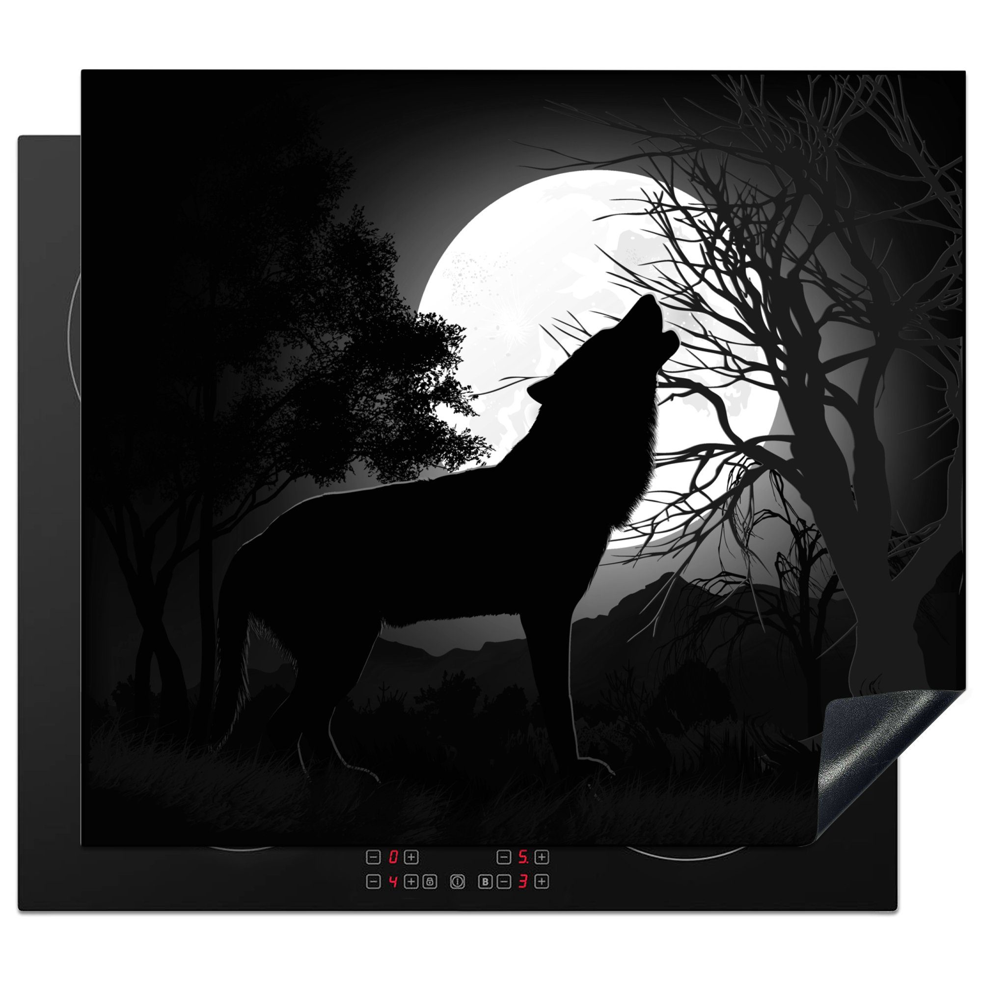 60x52 und Illustration (1 nutzbar, cm, weiß, Herdblende-/Abdeckplatte - Wolfs schwarz Eine MuchoWow Mobile heulenden eines Ceranfeldabdeckung Arbeitsfläche Vinyl, tlg),