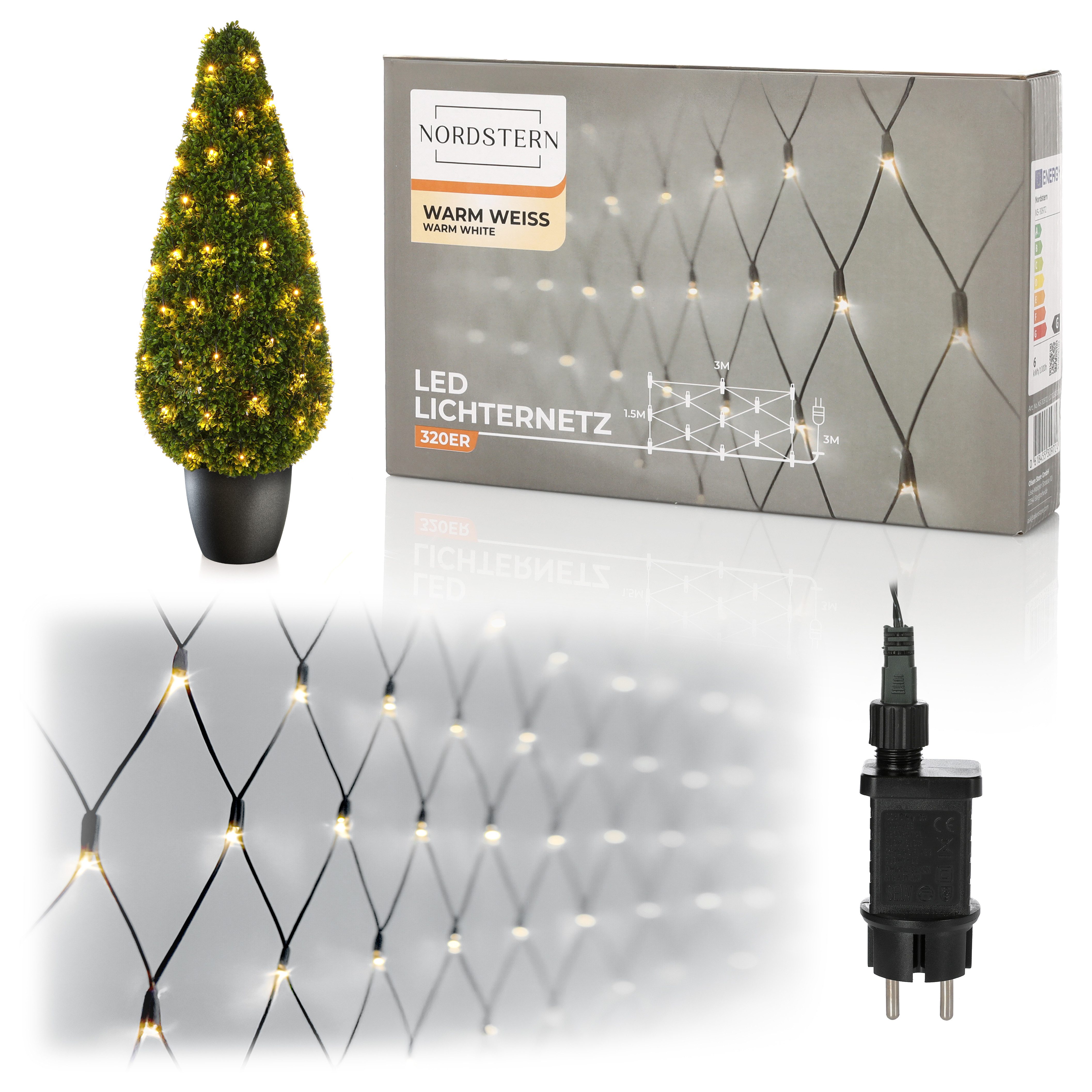 Nordstern LED-Lichterkette WarmWeiß von 24 bis 1.200 LED Weihnachtsdeko für Innen und Außen, Lichternetz mit Stecker 320 LED - 3x1,5 m für Weihnachtsbaum/Sträucher