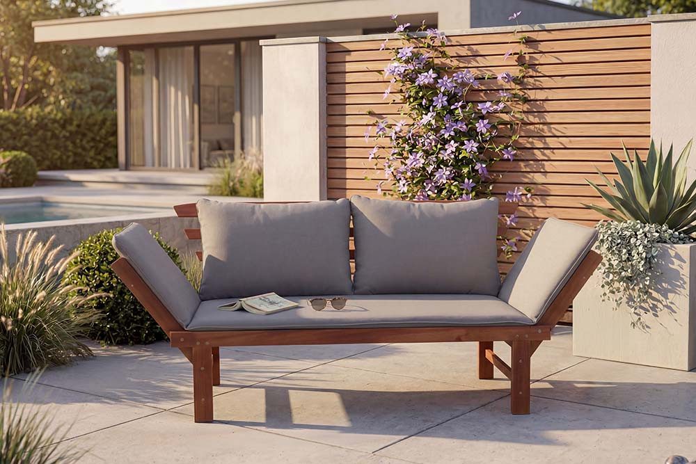 riess-ambiente Gartenbank MODULAR 200cm natur – FSC zertifiziertes Holz, klappbar, mit Kissen (Einzelartikel, 1-St), Outdoor-Sitzbank mit Liegefunktion – ideal für Garten & Terrasse