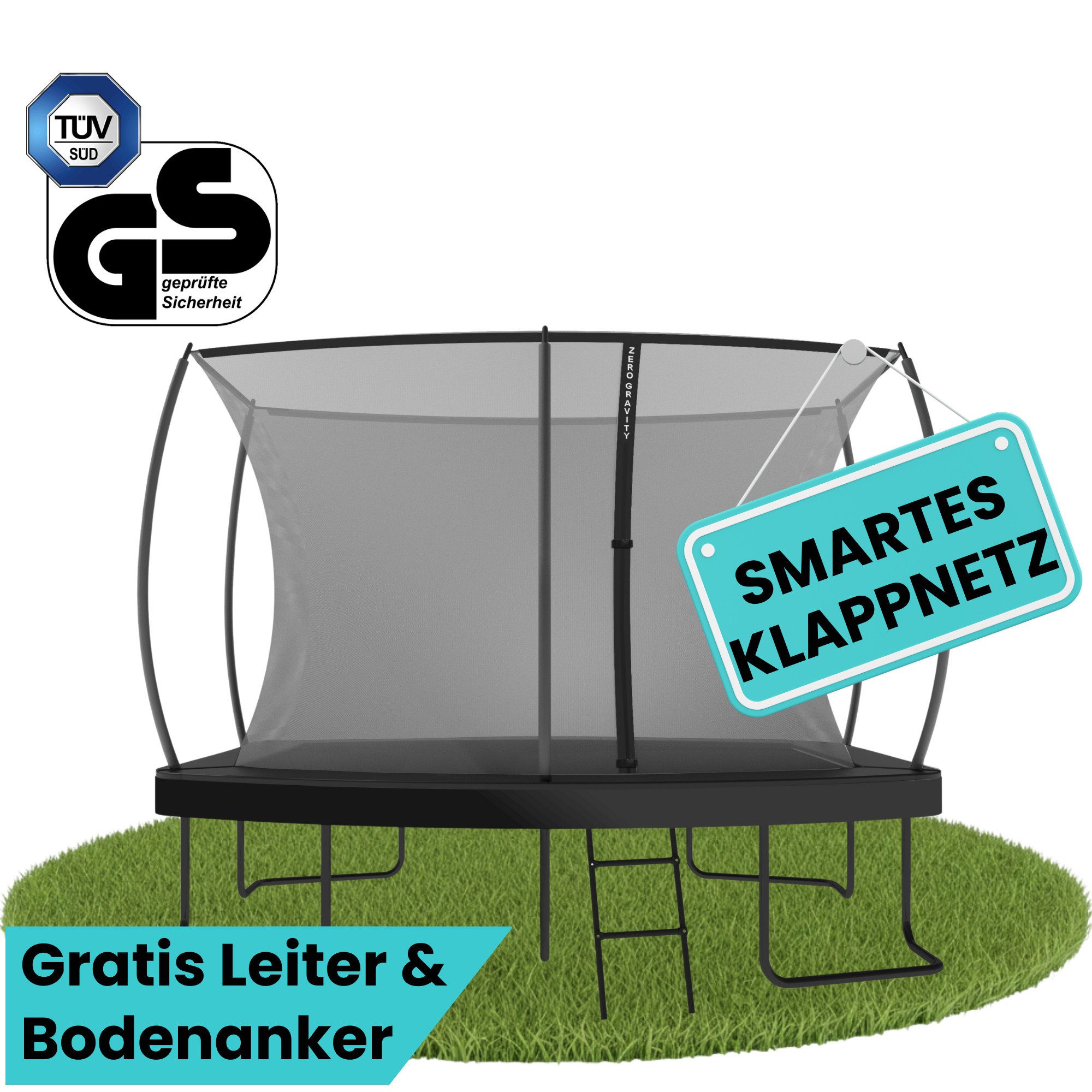 Zero Gravity Gartentrampolin Trampolin Outdoor oval/rechteckig, TÜV GS, 305x213, 366x244, 457x366, Trampolin Komplett-Set inkl. Leiter, Quick-Fold-Netzsystem
