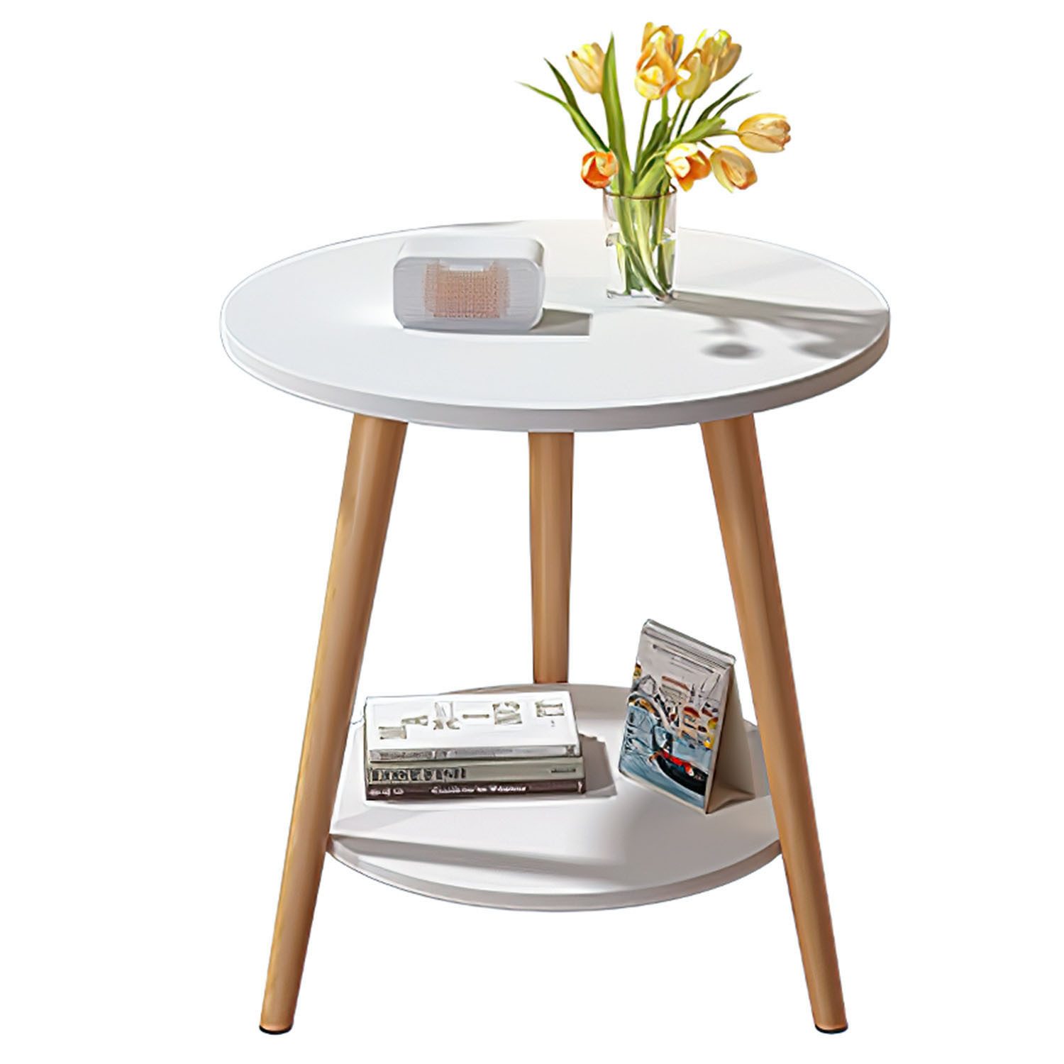 HEYHIPPO Beistelltisch Warmweißer doppelschichtiger Couchtisch aus Holz kleiner Beistelltisch (Ein Tisch, Rutschfest, nur 0,28 m² Fläche, stabile Dreiecksstruktur), Moderner kleiner Nachttisch, Couchtisch, einfache Montage,50×50×60 cm