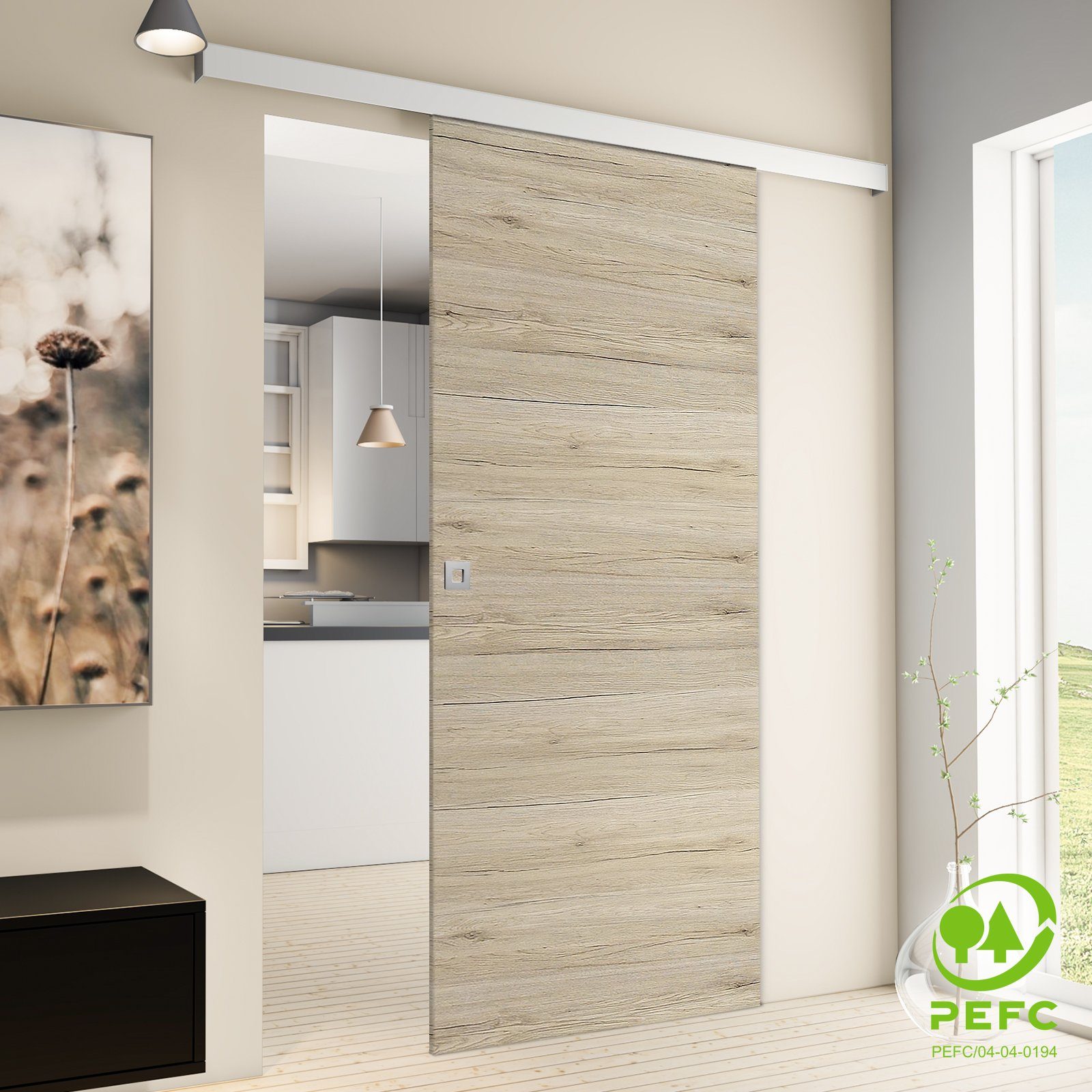 inova wohnen Schiebetür Holzschiebetür Eiche San Remo, 88 x 203,5 cm (Komplett Set, inkl. Schienensystem und Griff), Softclose-Funktion wählbar