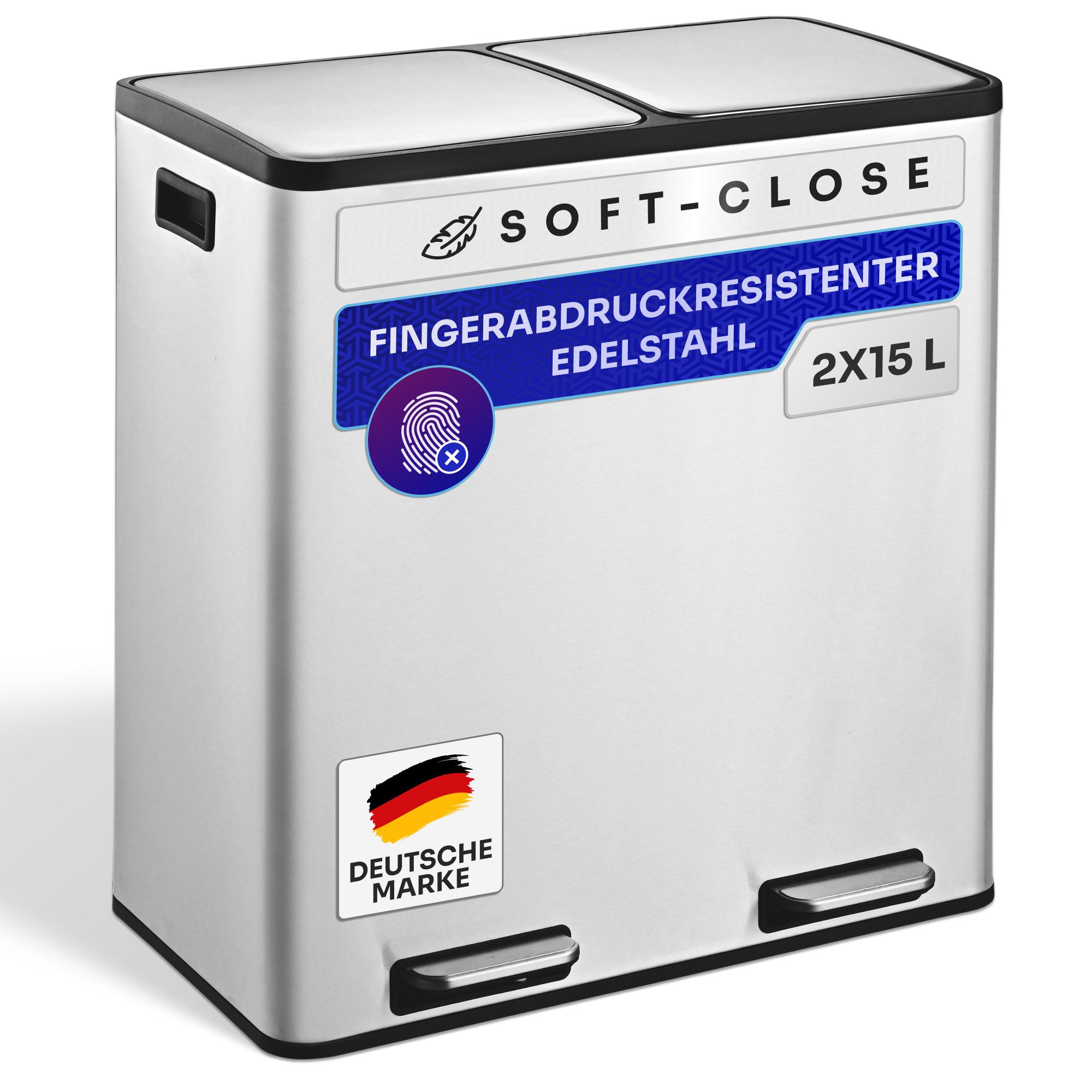 Gardissimo Mülleimer Edelstahl Duo Abfalleimer Treteimer Ruby 2 x 15 Liter = 30 Liter, Soft-Close Deckel Fingerabdruck resistent mit zwei Inneneimern