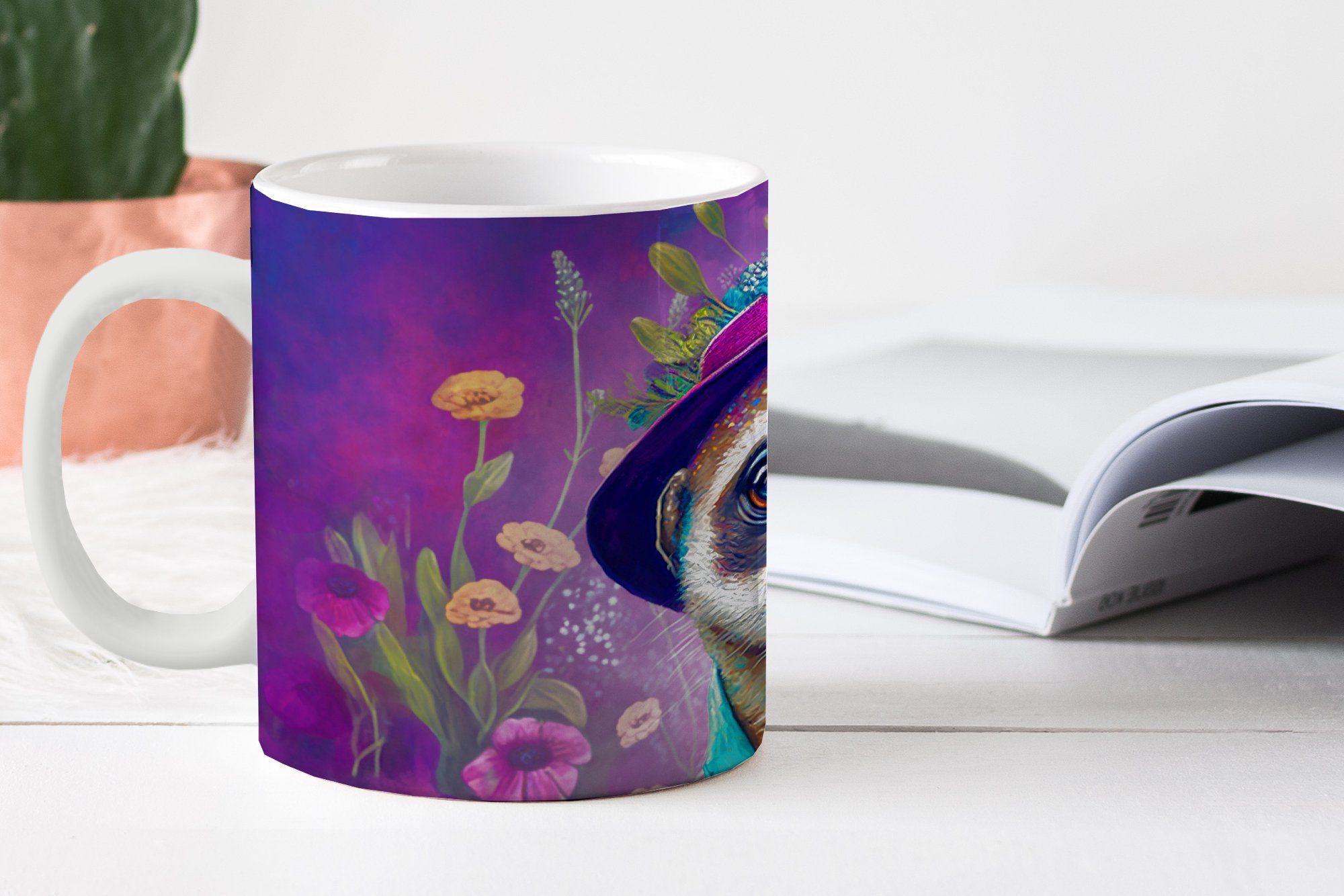 Lila Keramik, - Teetasse, Kaffeetassen, Erdmännchen Teetasse, Geschenk Becher, MuchoWow Tasse Blumen - Porträt - - - Erdmännchen, Farbe